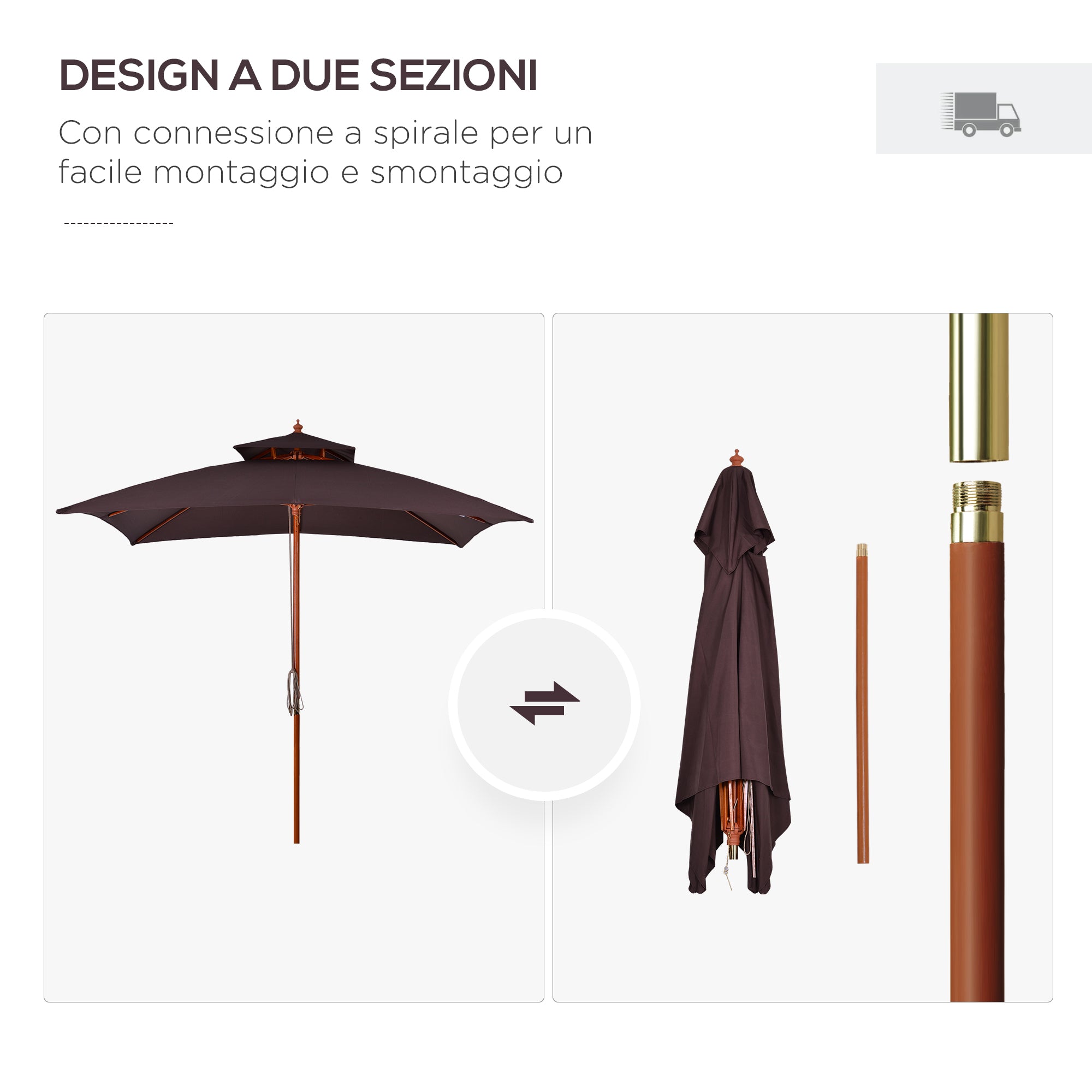 EASYCOMFORT 3x3 m Garden and Terrace Umbrella with 8 Ribs and 2-Level Parasol Cover, Brown