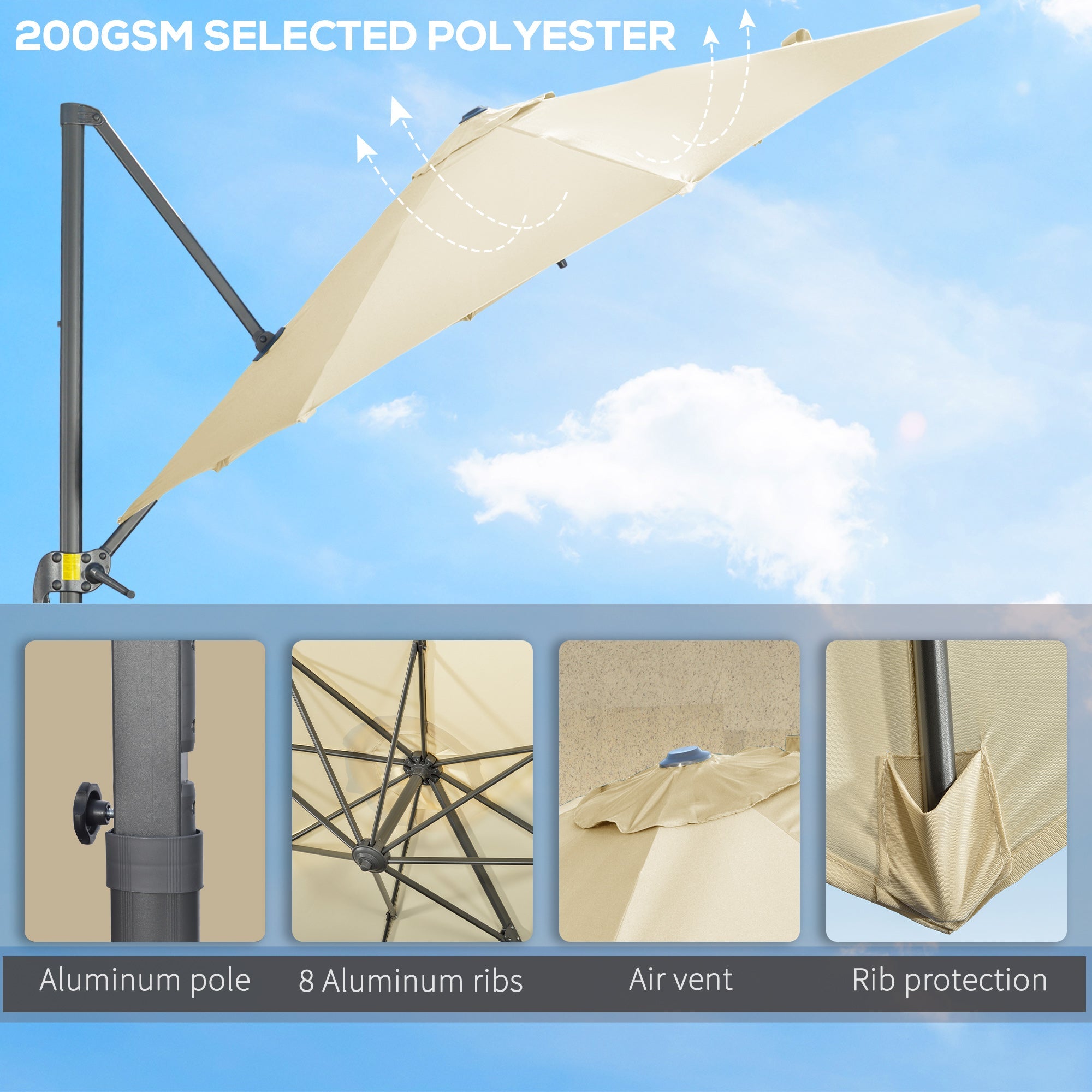 Easycomfort Ombrellone da Giardino Decentrato 3x2.5 m with Angolazione Regolabile e Girevole a 360°, Crema