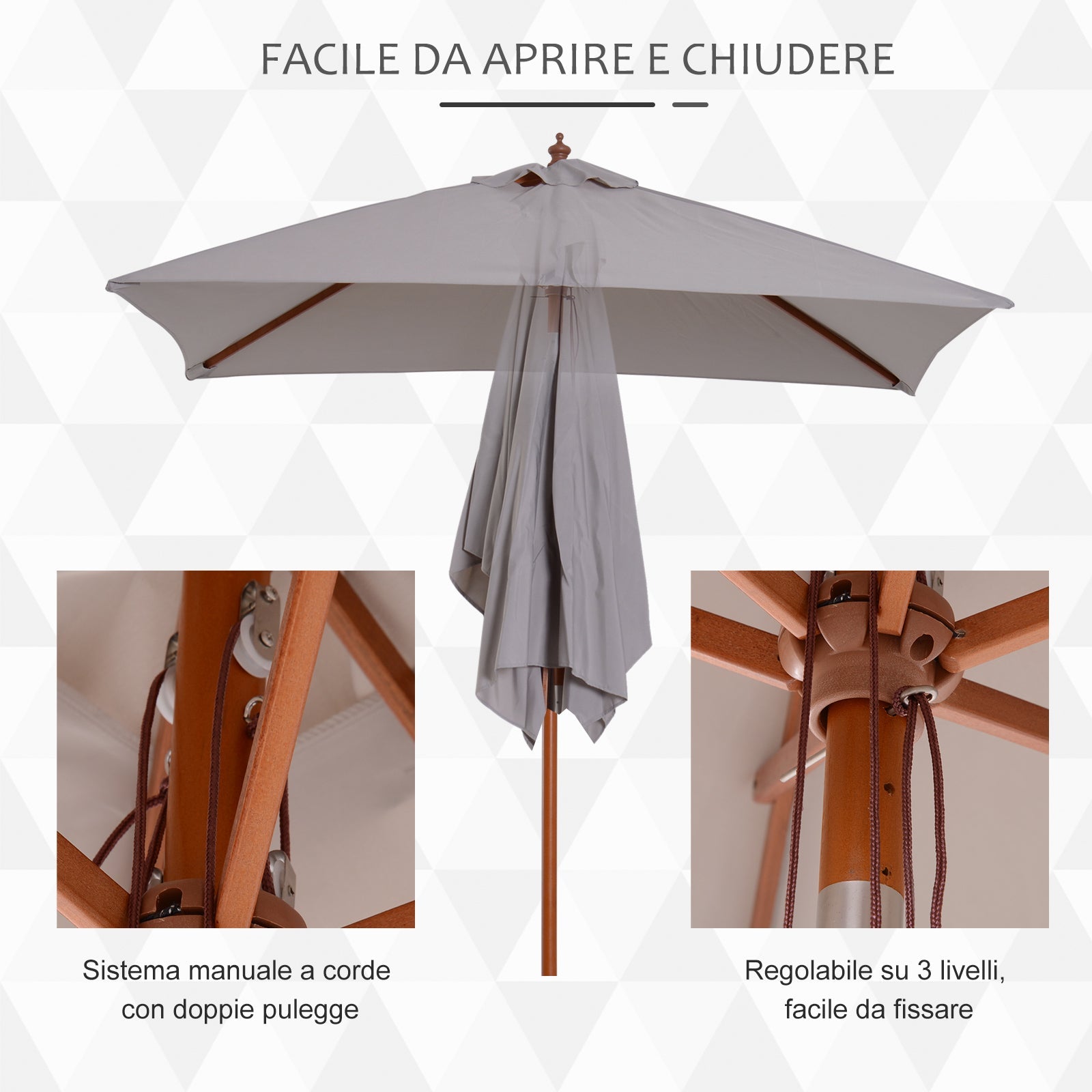 EASYCOMFORT Tilting Garden Umbrella 2x1.5 m 6 Ribs with Fir Wood Pole, Gray