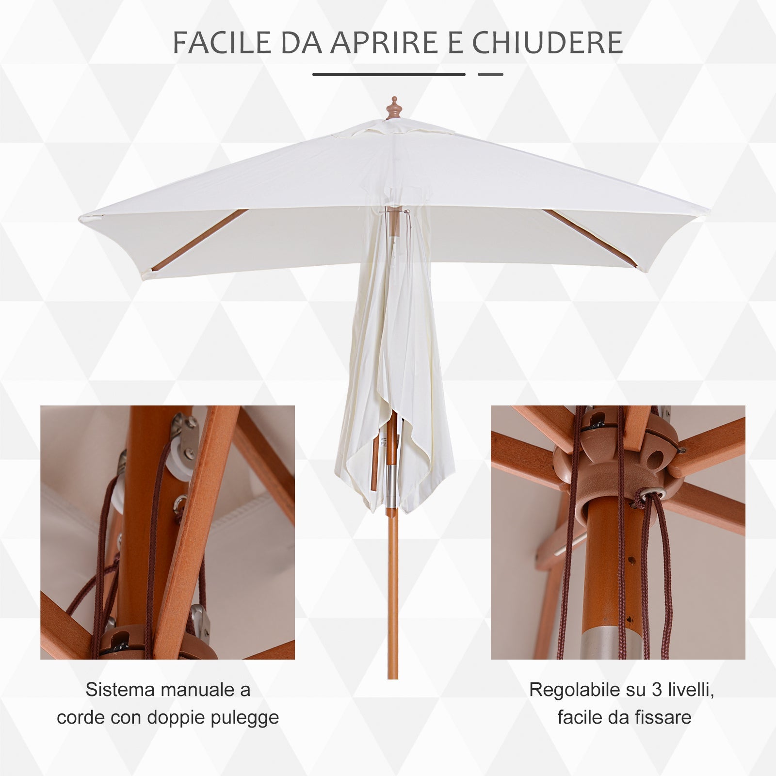 EASYCOMFORT Tilting Garden Umbrella 2x1.5m with 6 ribs with Fir Wood Pole and Rope, Beige