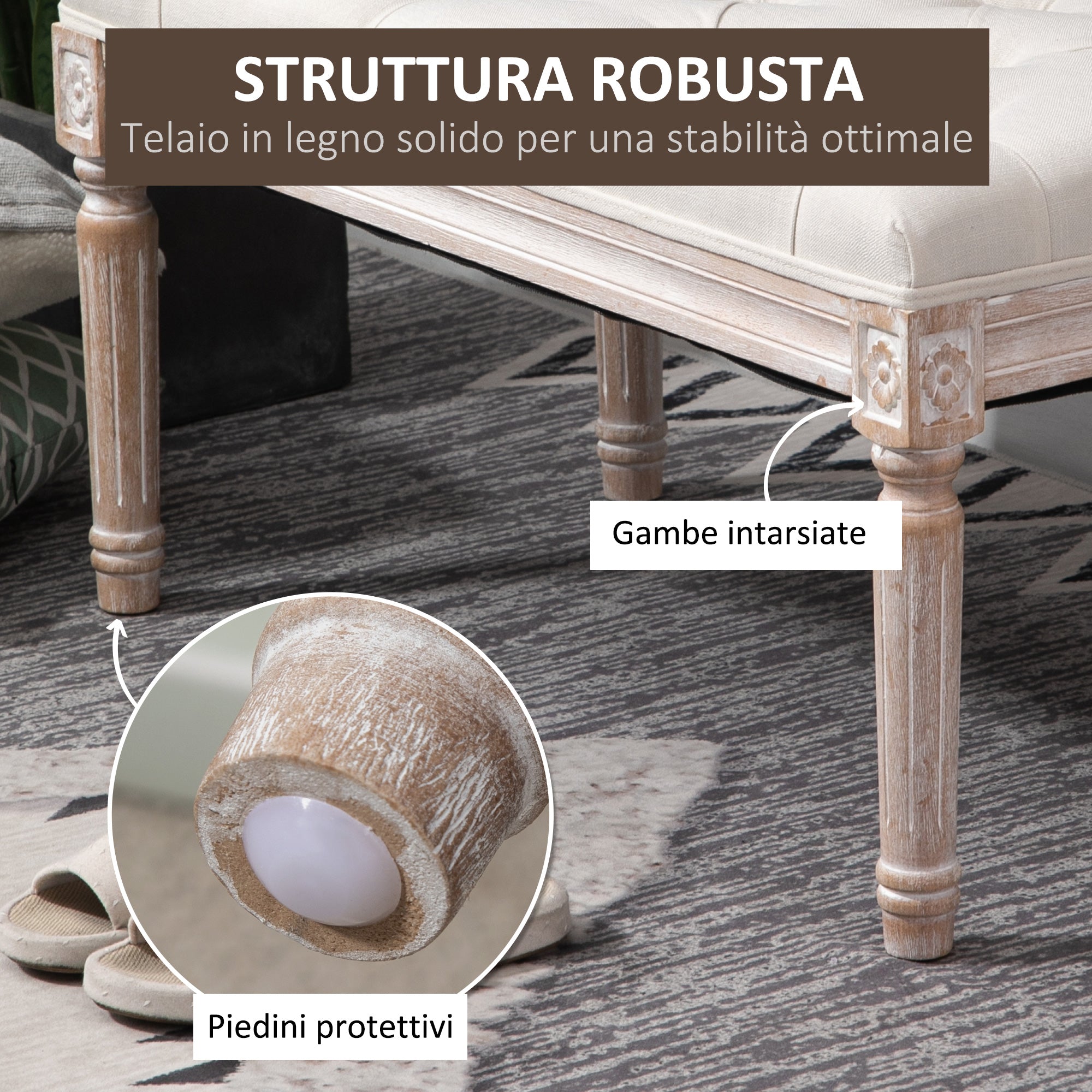 Easycomfort Panca Fondo Letto Imbottita with Rivestimento Effetto Lino e Gambe in Legno, 80x40x41cm, Beige