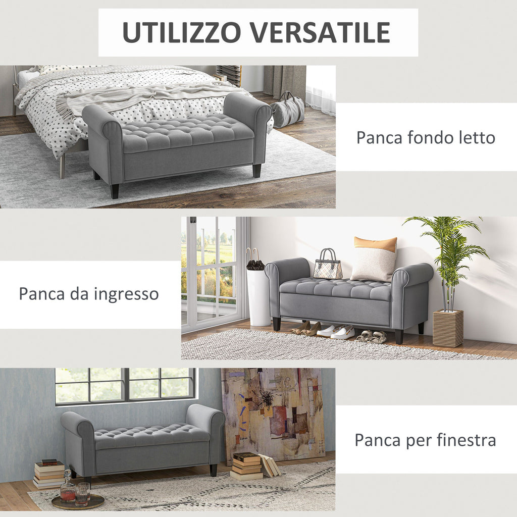 Easycomfort Panca Fondo Letto in Tessuto Vellutato with Spazio Portaoggetti e Braccioli, 126x48.5x57 cm, Grigio