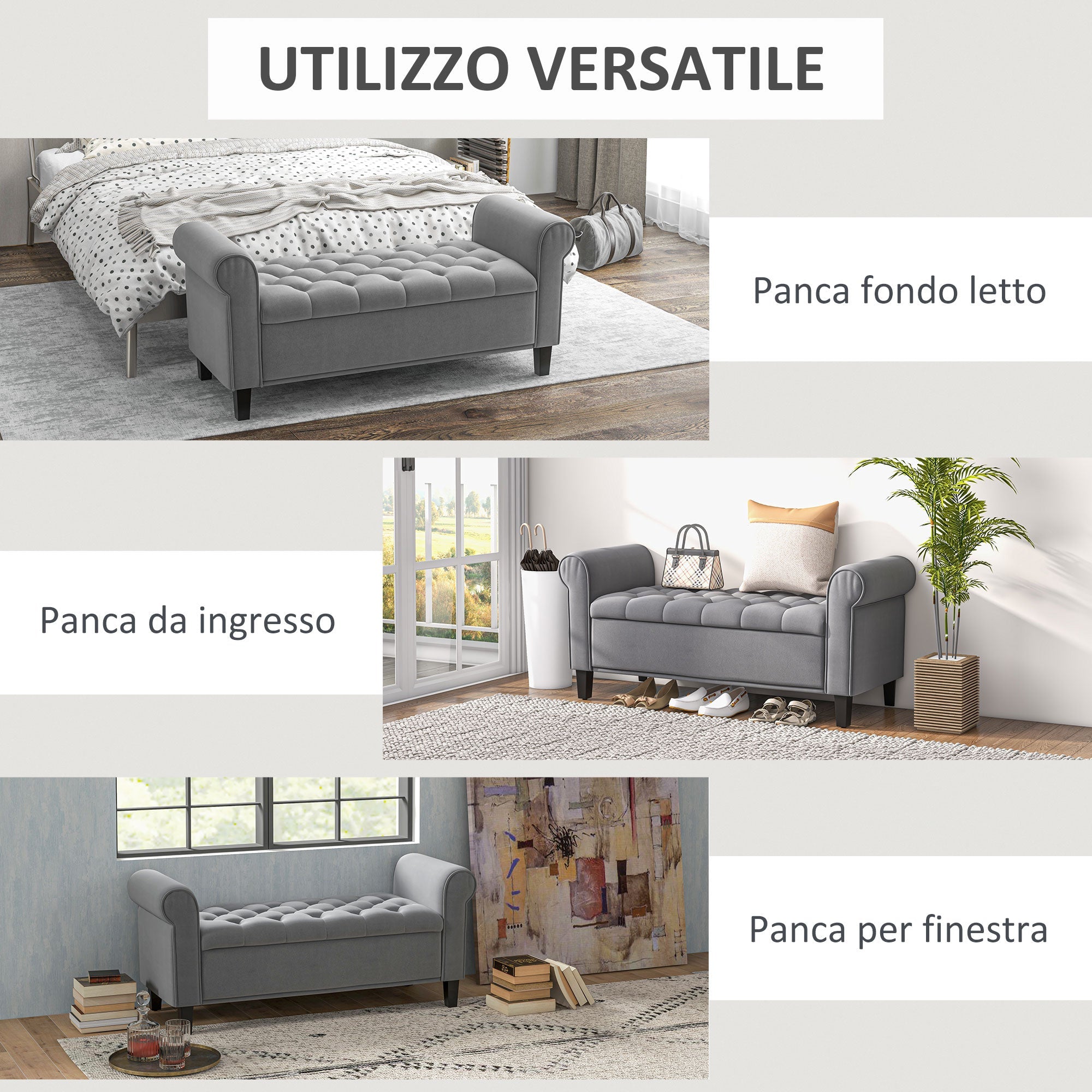 Easycomfort Panca Fondo Letto in Tessuto Vellutato with Spazio Portaoggetti e Braccioli, 126x48.5x57 cm, Grigio