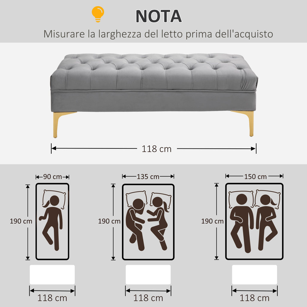 Easycomfort Panca Imbottita Fondoletto in Tessuto Vellutato e Base in Metallo Dorato, 118x45x42cm, Grigio