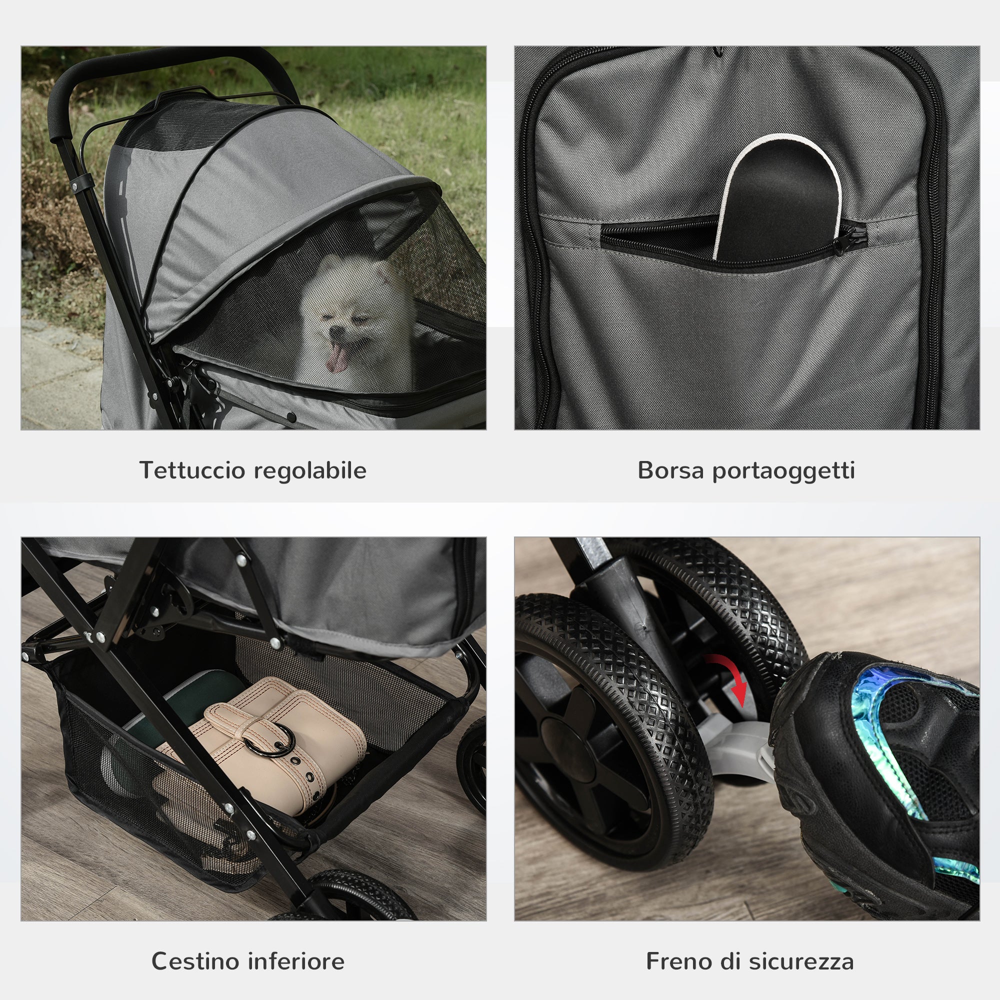 EASYCOMFORT Foldable Stroller for Small Dogs with Swivel Handle and Storage Basket, 76.5x52x95 cm, Gray