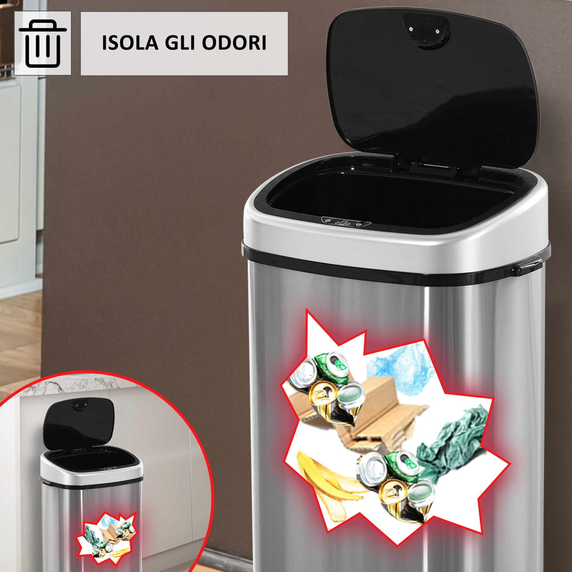 Easycomfort Pattumiera Cestino Bidone with Coperchio a Sensore ad Infrarossi per Cucina Bagno Capacità 58L in Acciaio ABS 40.9 × 28.9 × 68cm
