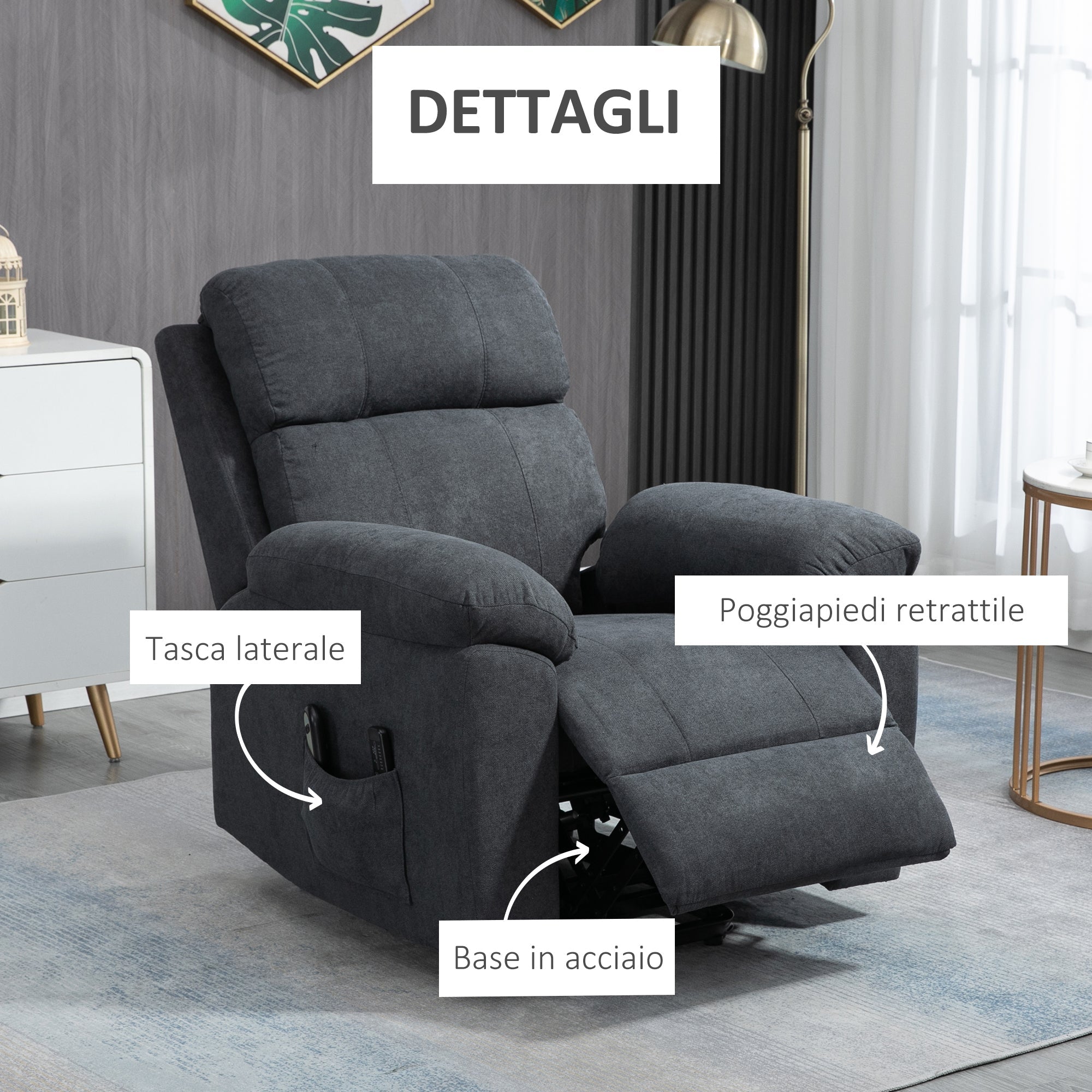 Easycomfort Poltrona Alzapersona Reclinabile fino a 135° with 8 Punti Massaggianti, Telecomando e Poggiapiedi 89x99x103 cm, Grigio
