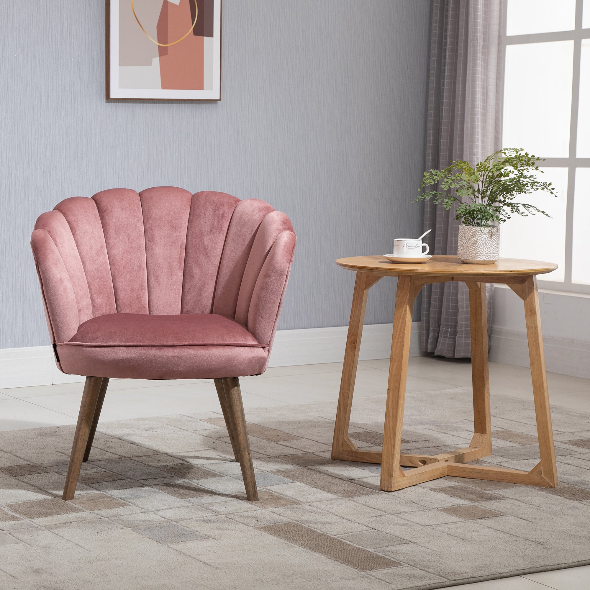 Easycomfort Poltrona Imbottita with Schienale a Conchiglia e Gambe in Legno, Poltrona in Velluto per Salotto e Camera, 66x66x78.5cm, Rosa