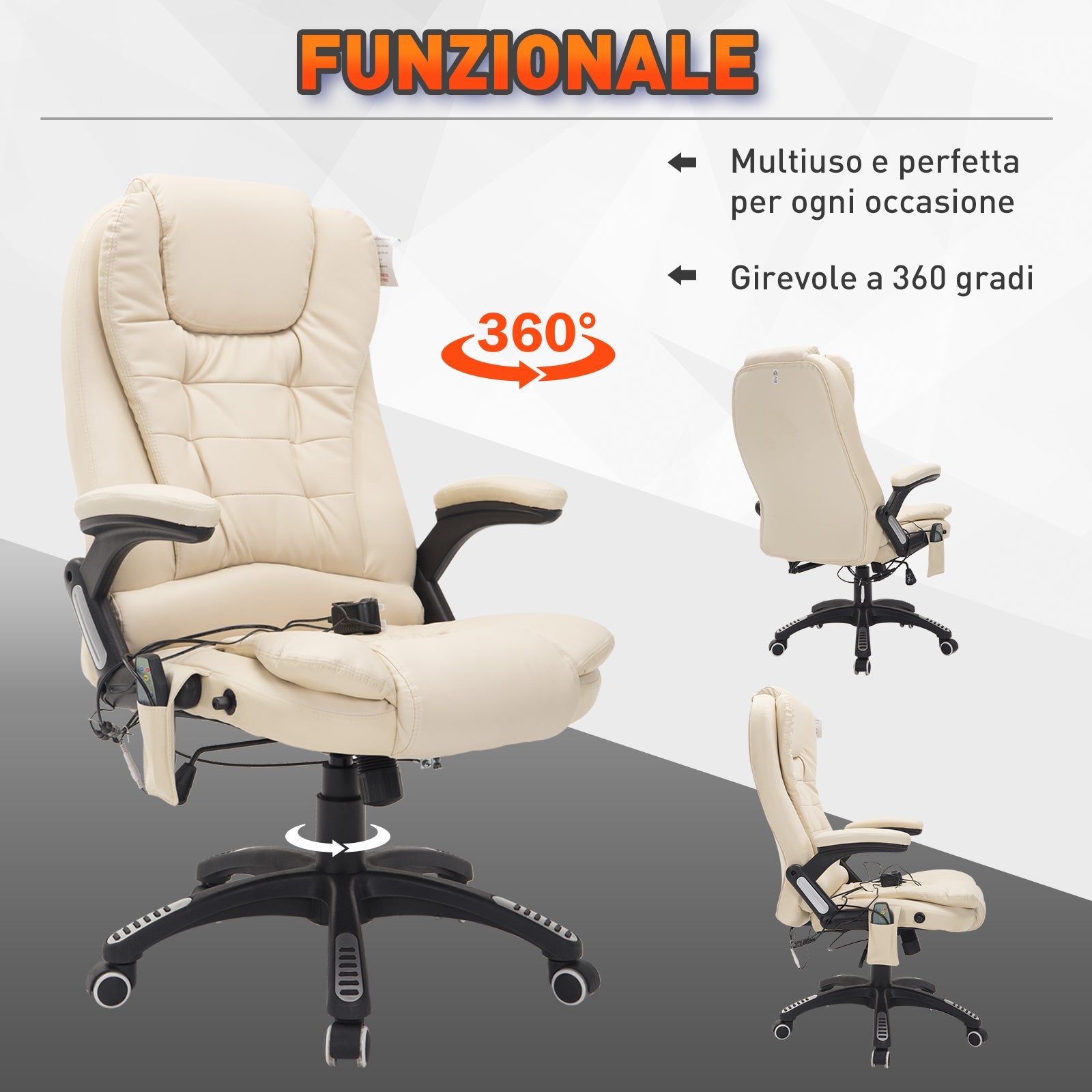 Easycomfort Poltrona Massaggiante da Ufficio ad Altezza Regolabile with 6 Punti Massaggianti, in PU, 62x68x111-121 cm, Beige