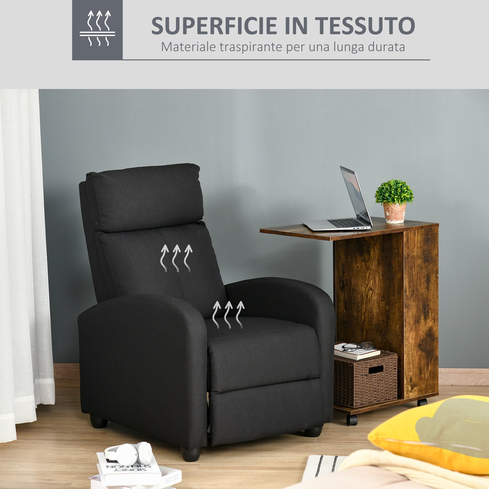 Easycomfort Poltrona Relax Imbottita with Schienale Reclinabile 135° e Poggiapiedi Estraibile, in Lino black, 69x87x100.5cm