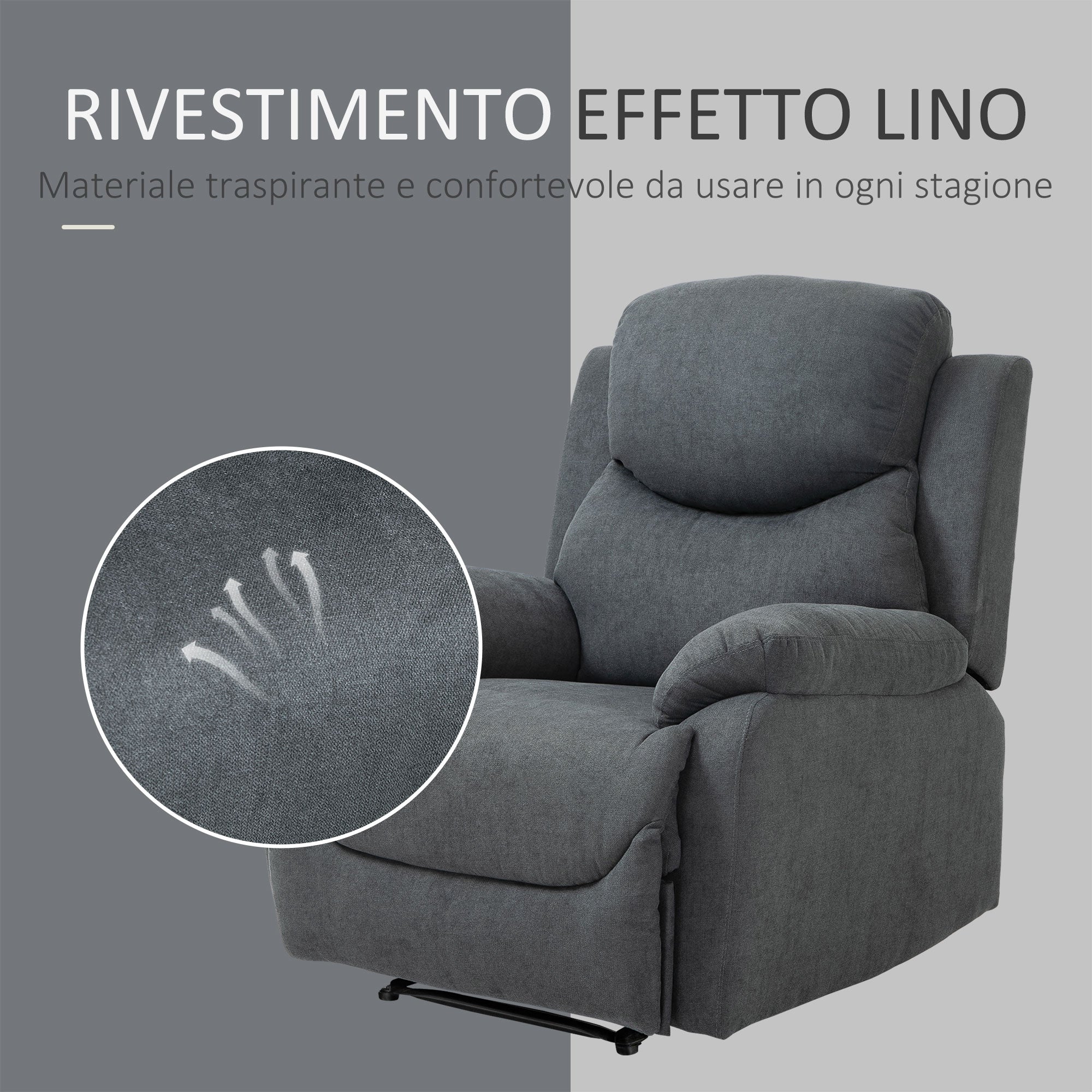 Easycomfort Poltrona Relax Manuale Ergonomica in Tessuto, Poltrona Reclinabile a 150° e Poggiapiedi per Casa e Ufficio, 93x88x102cm, Grigio Scuro
