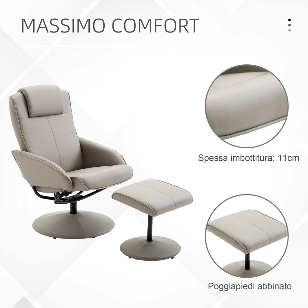 Easycomfort Poltrona Relax Reclinabile with Pouf Poggiapiedi Abbinato e Rivestimento in Finta pelle, 71x78x101cm, Grigia