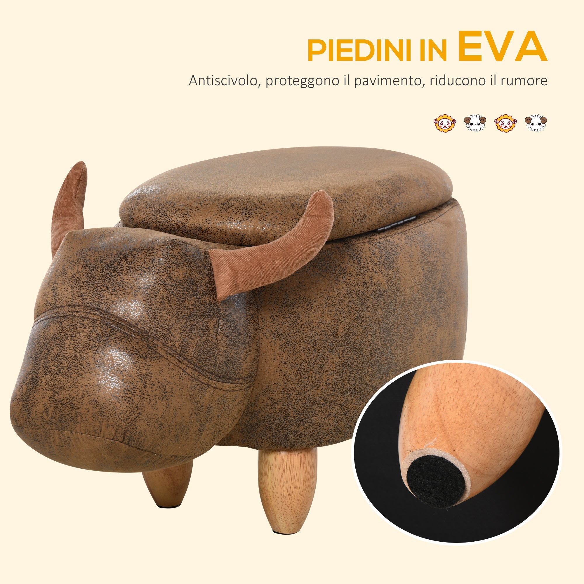 Easycomfort Pouf Contenitore a Forma di Bufalo, Pouf Moderno da Salotto, Sgabello Poggiapiedi, Struttura in Legno, Seduta Imbottita, 62x35x36cm, Marrone