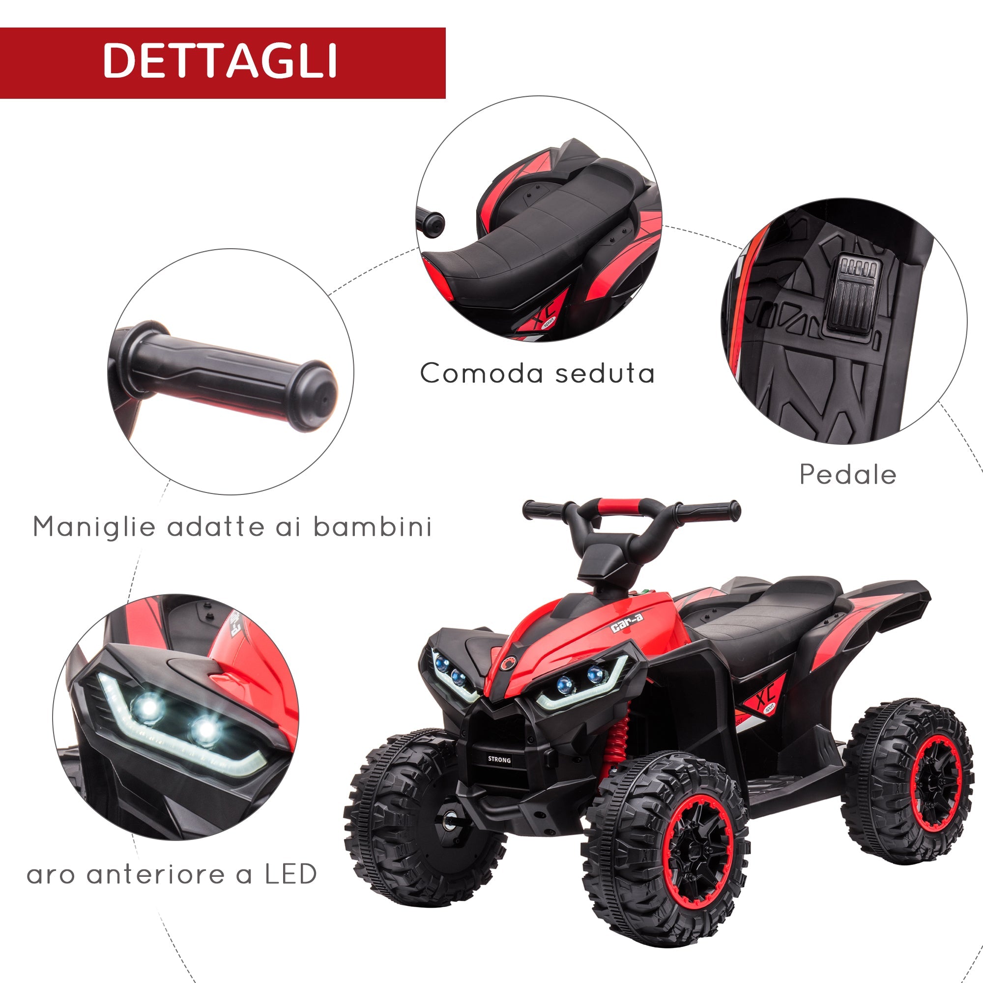 Easycomfort Quad Elettrico per Bambini 12V, 2 Velocità, Ruote Larghe with Sospensioni e Fari LED, Età 3-5 Anni, Rosso