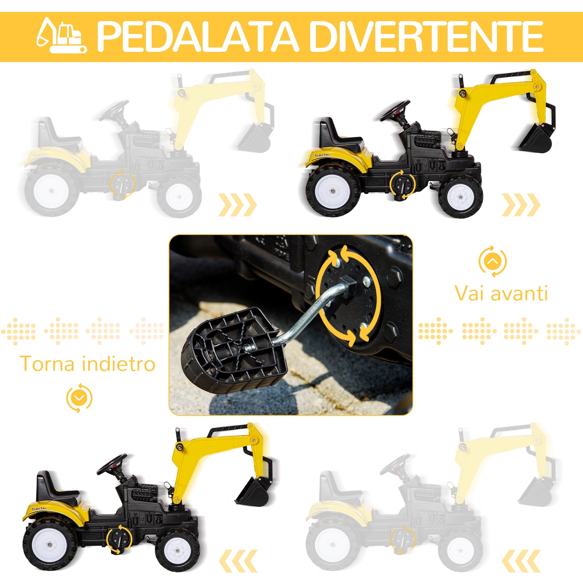 Easycomfort Ruspa Giocattolo a Pedali per Bambini 3-6 Anni with 6 Ruote, in Acciaio e Plastica, 107x42x71 cm, Giallo