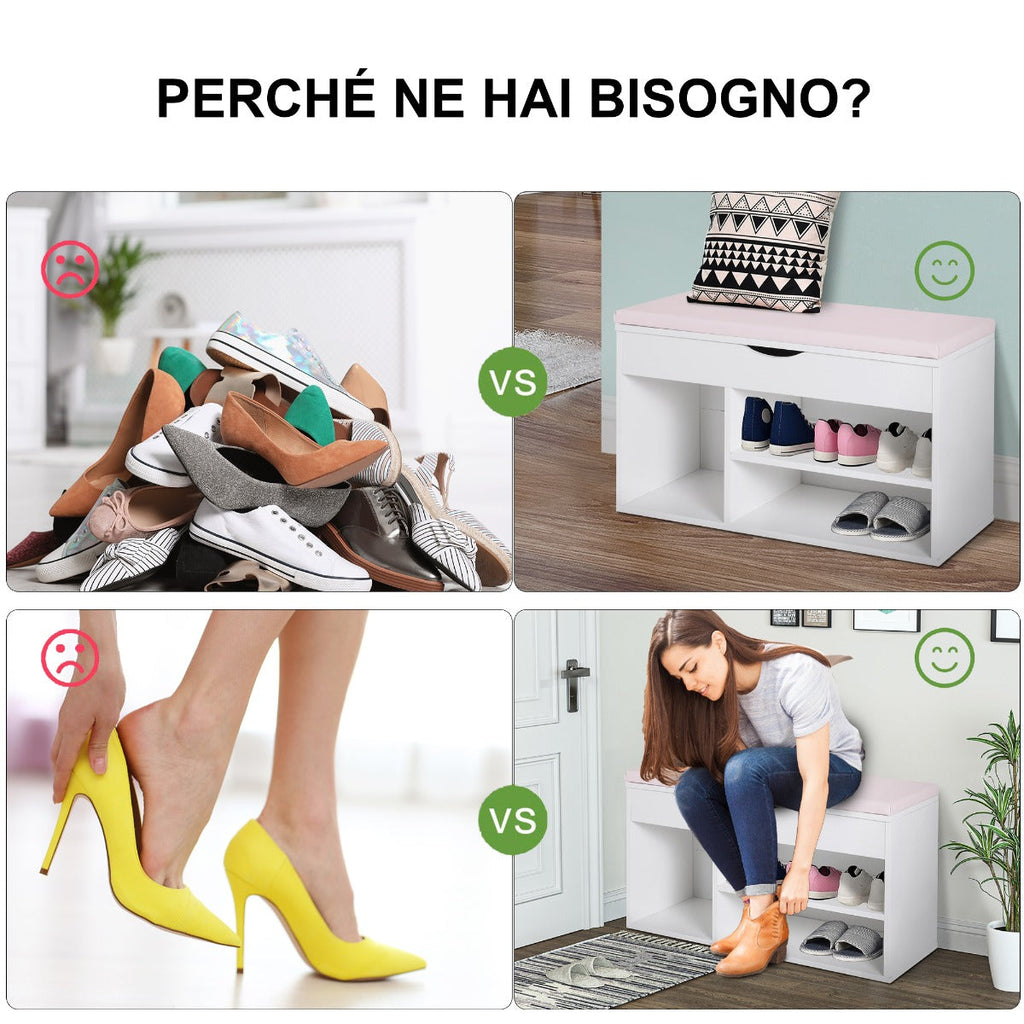 Easycomfort Scarpiera Panca with Sedile Imbottito Ribaltabile da Ingresso Legno 80x30x47cm white