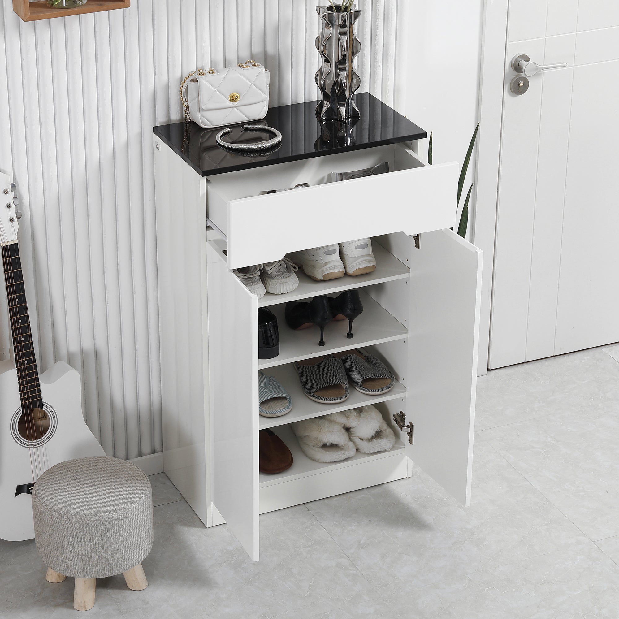 Easycomfort Scarpiera Slim da 12 Paia max per Ingressi with 3 Ripiani Regolabili e Cassetto, in Truciolato white, 60x32x100 cm