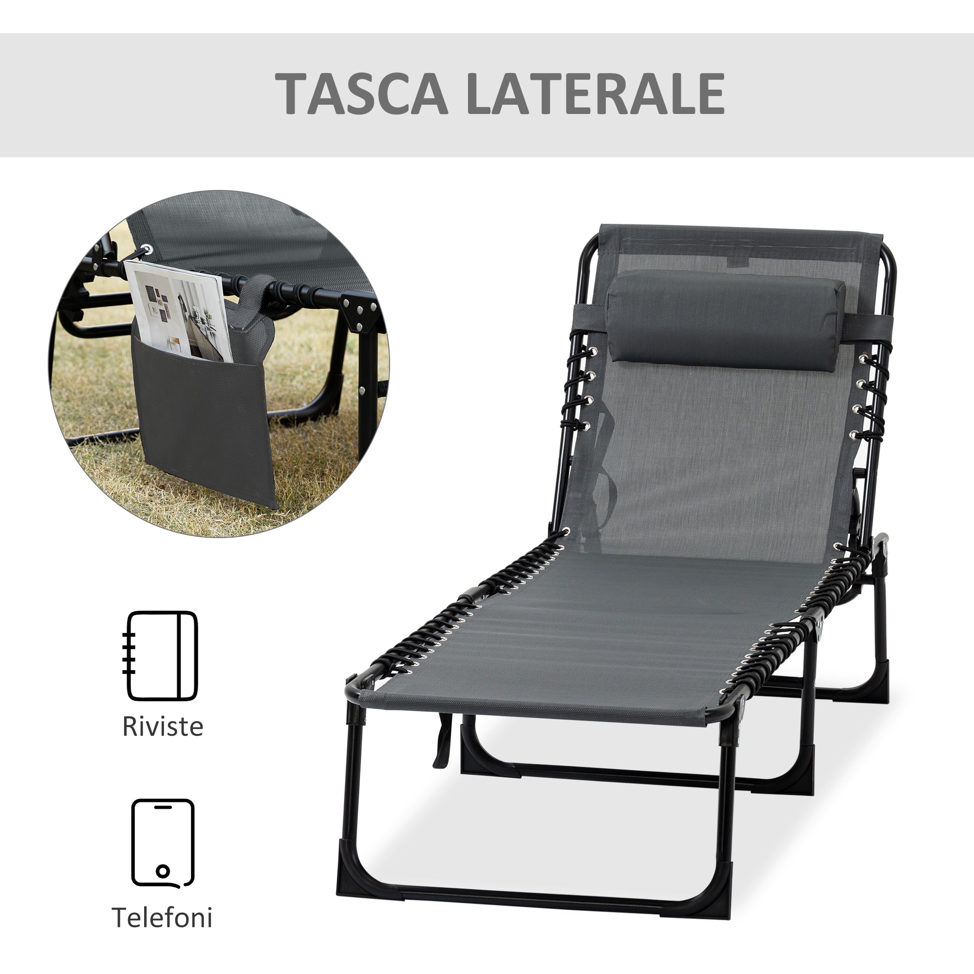 EasyComfort Sdraio da Giardino Pieghevole with Schienale Reclinabile su 5 Posizioni e Cuscino, 185x58x30cm, Grigio
