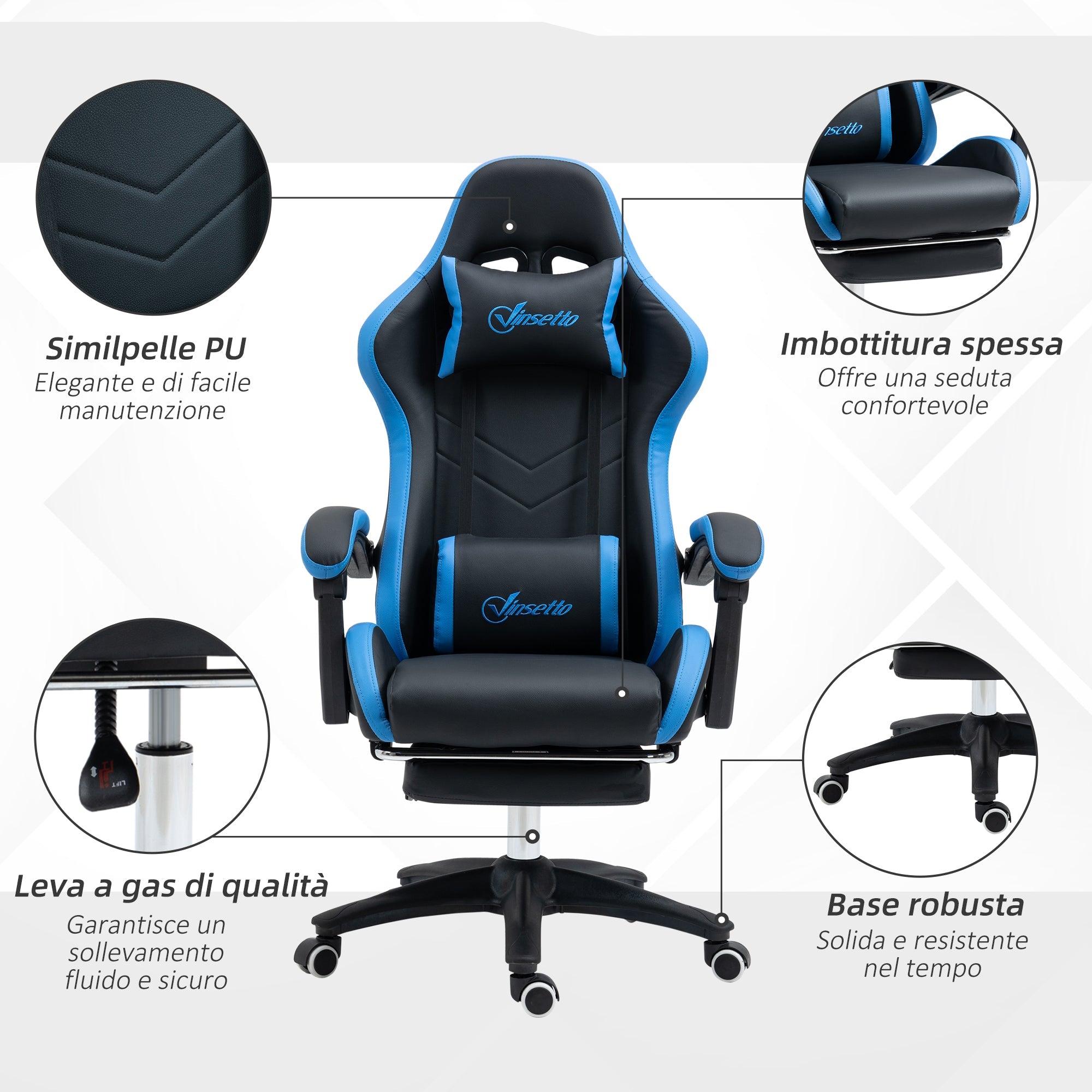 EasyComfort gamingstoel met voetsteun – 65x65x121-129 cm, blauw/zwart
