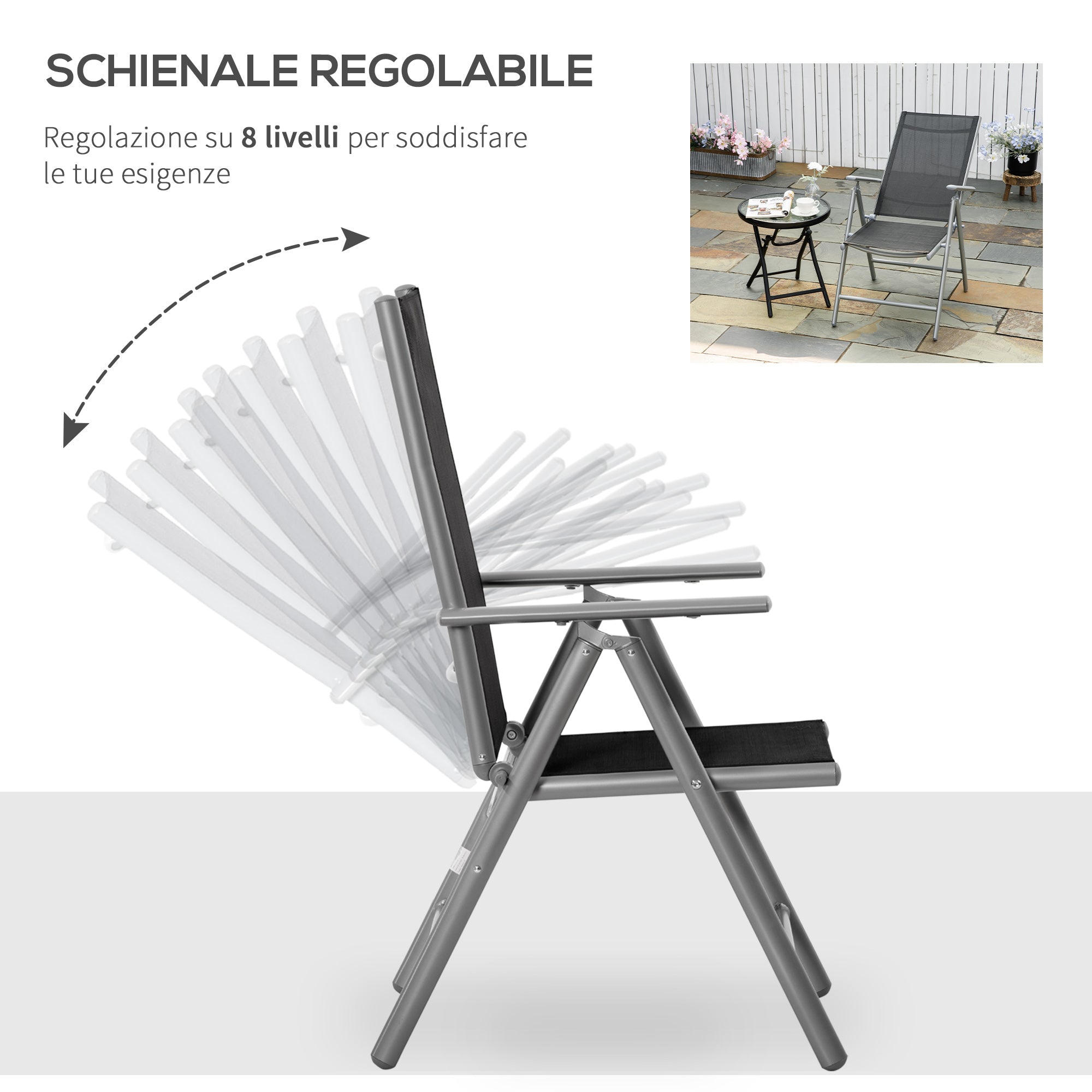 EASYCOMFORT Folding Garden Chair in Aluminum and Texteline, 7-Level Adjustable Backrest, Black 65x55x85-105cm