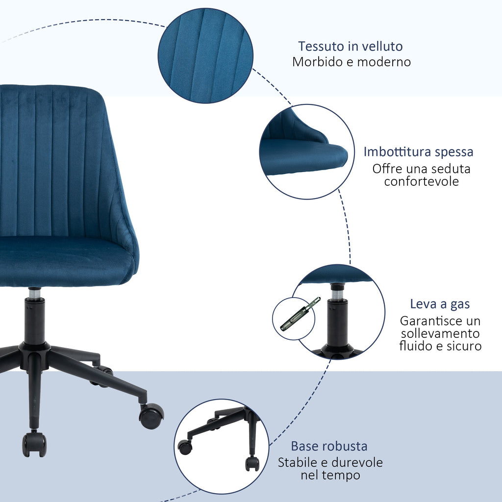 Easycomfort Sedia da Ufficio in Velluto Blu with Altezza Regolabile, Sedia Ergonomica Girevole a 360° e Ruote, 50x58x77-87cm