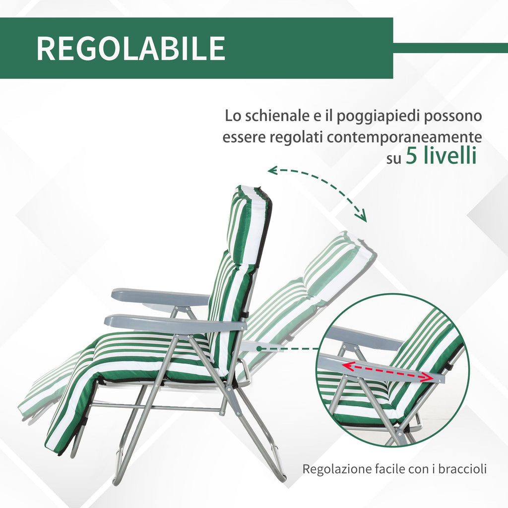 EASYCOMFORT 2-Piece Folding and Reclining Beach Deck Chair, Garden Sun Loungers with Padded Cushion, Green and White