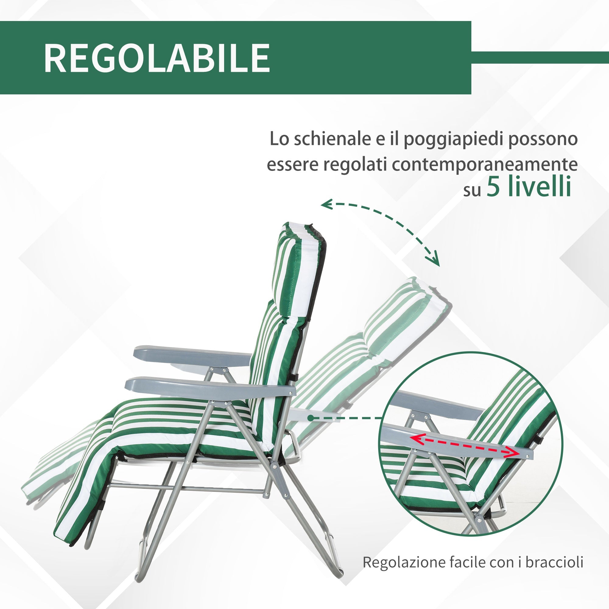 EASYCOMFORT 2-Piece Folding and Reclining Beach Deck Chair, Garden Sun Loungers with Padded Cushion, Green and White