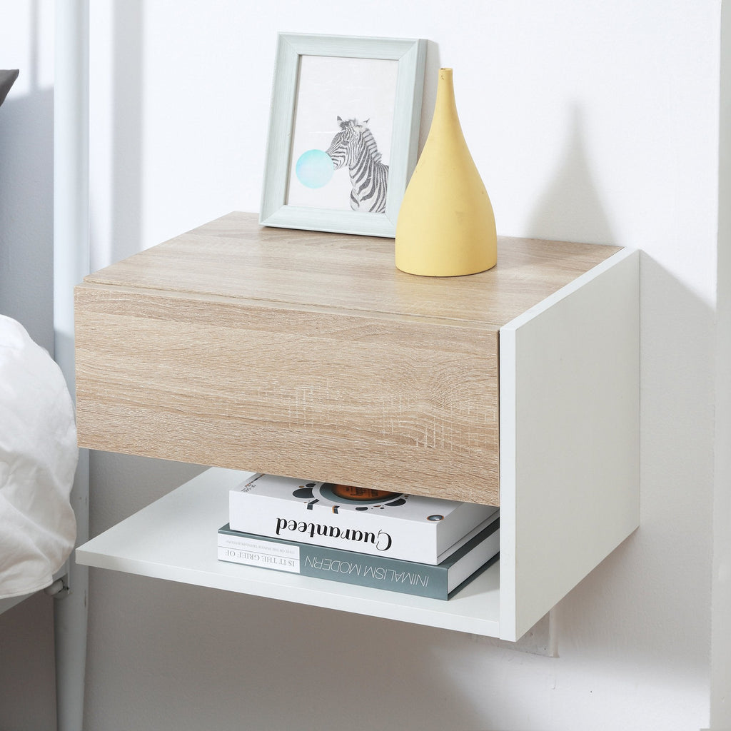 EasyComfort set van 2 zwevende nachtkastjes met lade en plank – wit en eiken