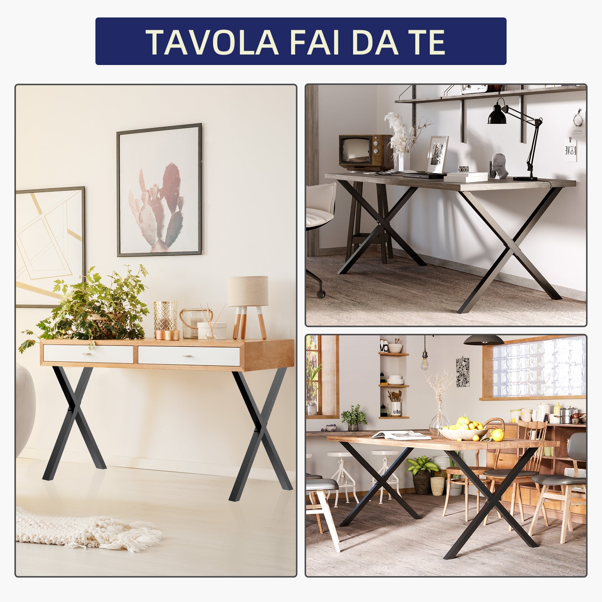 EASYCOMFORT Set of 2 Pieces X-Shaped Steel Table Legs with 16 Screws Included, Pre-drilled Legs with 4 Holes, 80x4x72cm, Black
