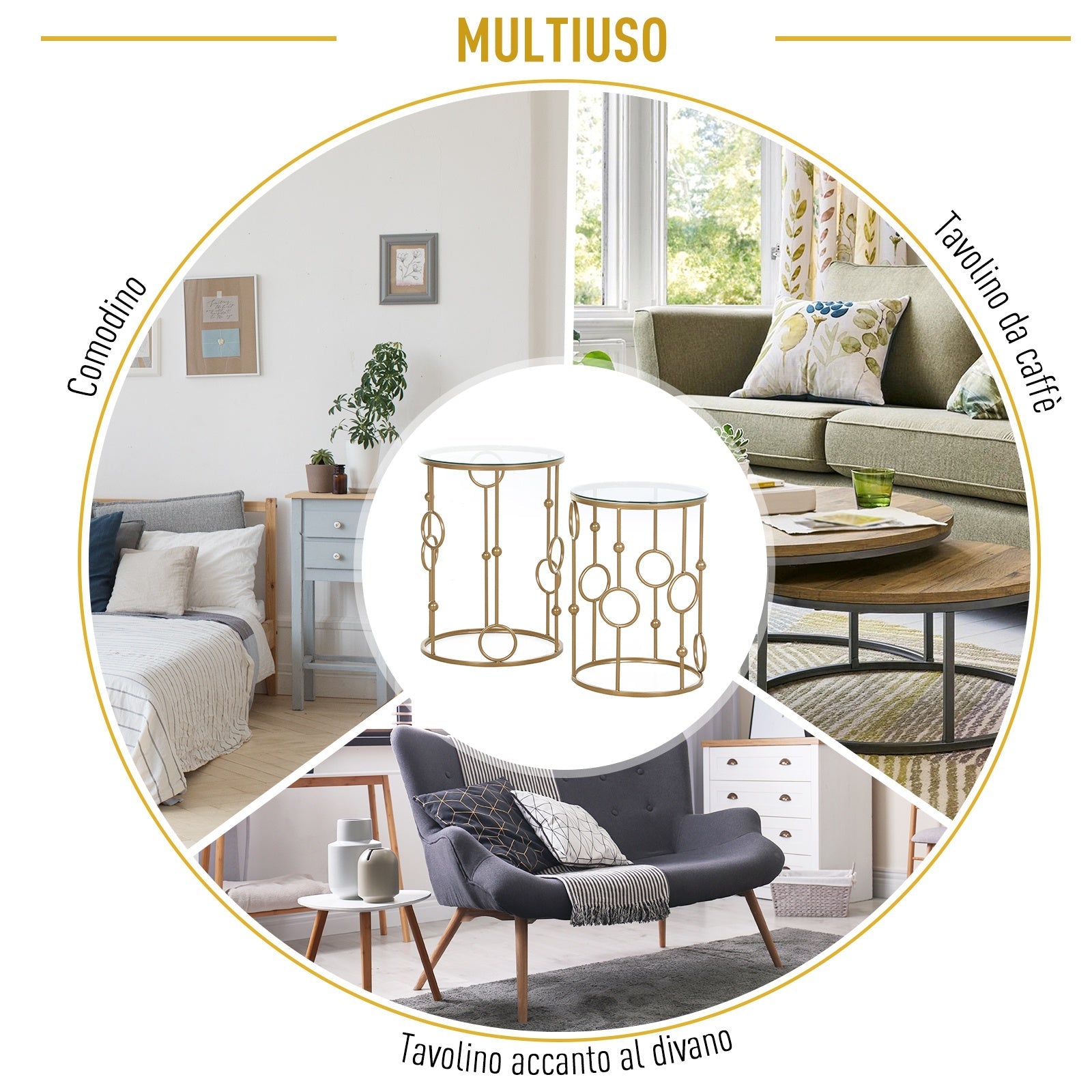 Easycomfort Set 2 Pezzi Tavolini da Caffè Design Elegante with Motivi a Cerchio, Metallo e Vetro Temperato Φ41x57cm & Φ36x51cm, Oro