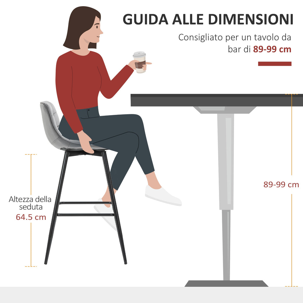 EasyComfort Set 2 Sgabelli Alti da Bar with Sedie Imbottite e Poggiapiedi Stile Nordico, with schienale in Velluto, 45x47x88cm, Grigio