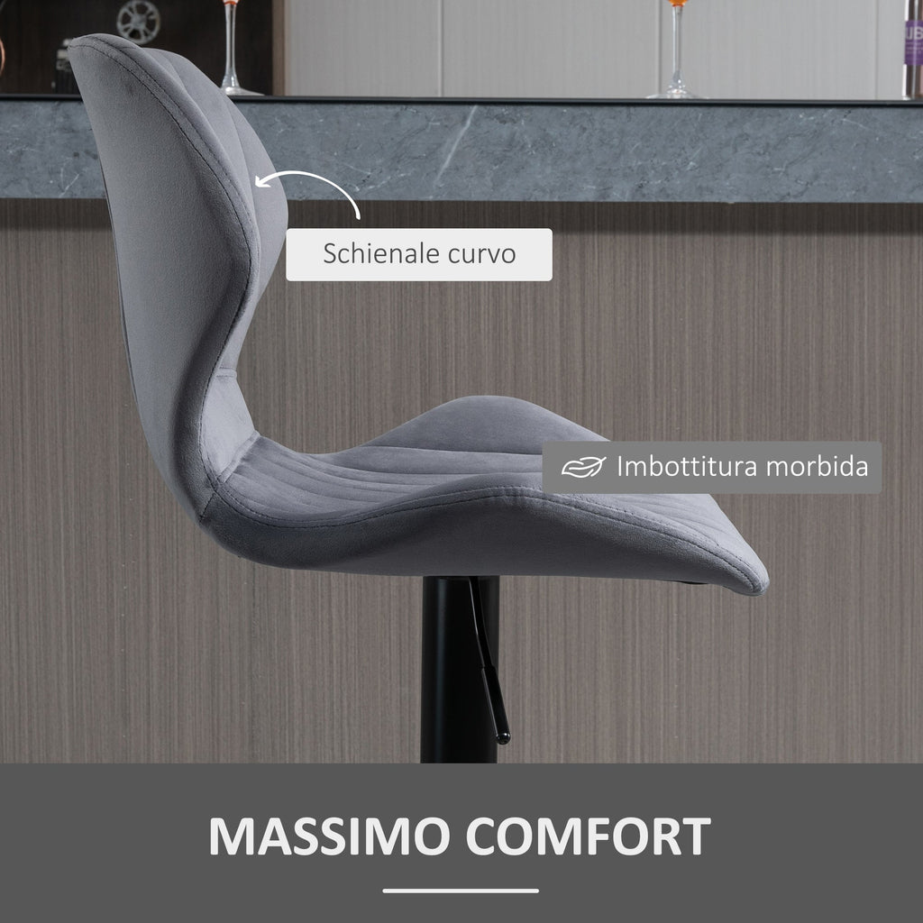 Easycomfort Set 2 Sgabelli da Bar ad Altezza Regolabile with Seduta Ergonomica e Poggiapiedi, Sgabelli Alti in Effetto Velluto e Metallo, 47x51.5x92-114 cm, Grigio