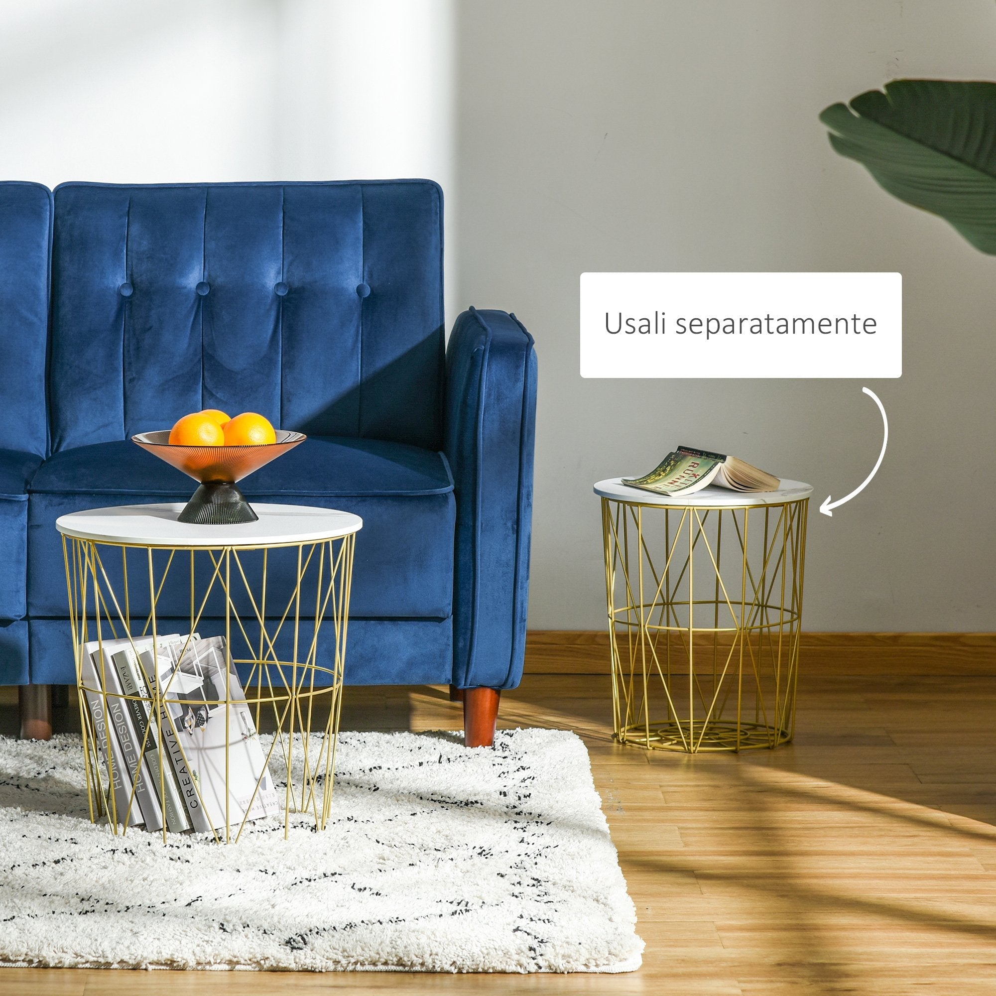 Easycomfort Set 2 Tavolini da Salotto Moderni Impilabili with Ripiano Rimovibile, Tavolino da Caffè with Contenitore per Soggiorno e Camera, white Oro