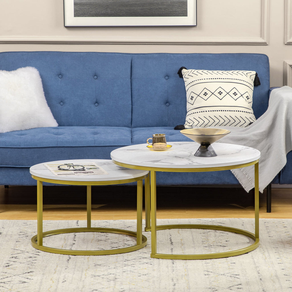 EasyComfort Set 2 Opstapelbare Ronde Bijzettafels Ø74x46.3 cm & Ø59x38.5 cm, wit en goud
