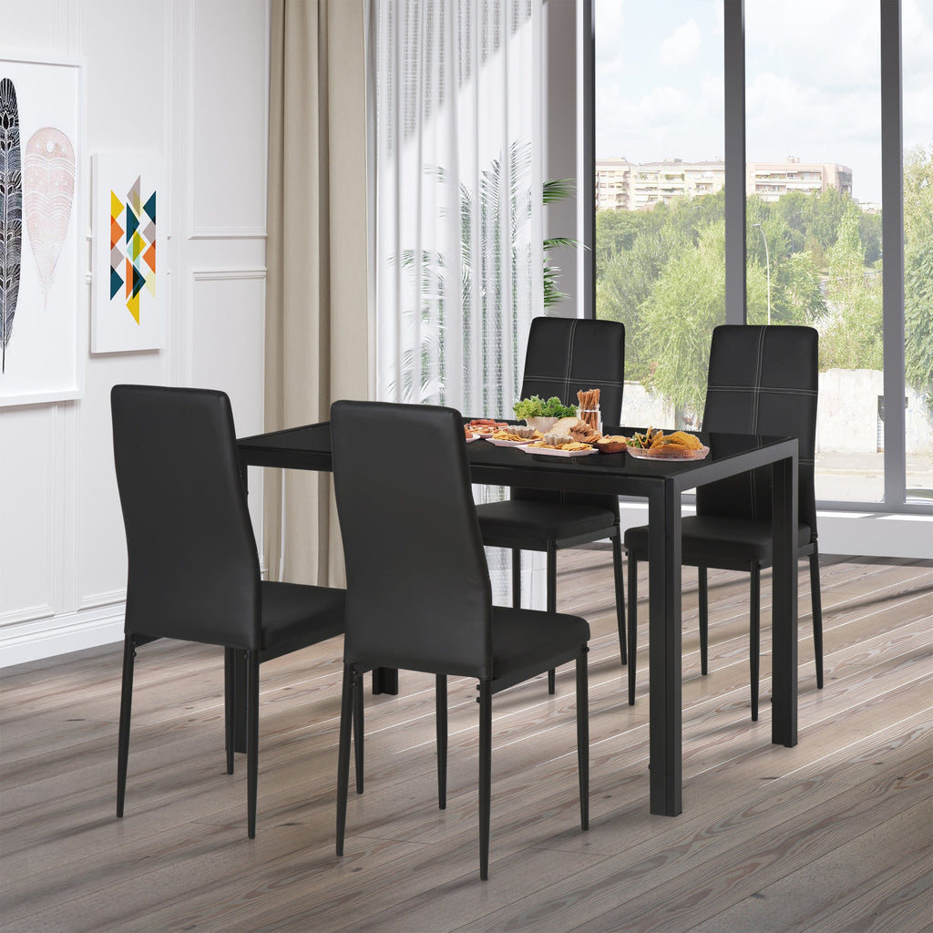 Easycomfort Set 5 Pezzi with 1 Tavolo e 4 Sedie per Cucina o Sala da Pranzo in Finta Pelle, Metallo e Vetro Temperato, black