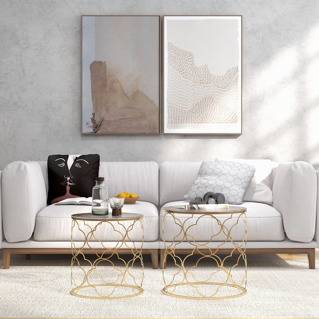 Easycomfort Set di 2 Tavolini da Salotto Impilabili Art Deco in Metallo with Piano in Vetro, Oro