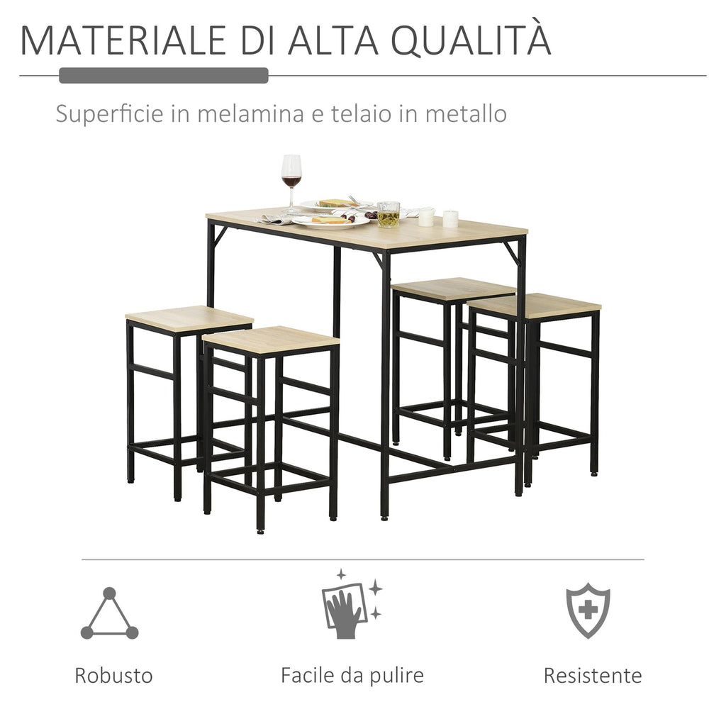 Easycomfort Set Tavolo Alto with 4 Sgabelli Stile Industriale in Metallo e Legno, Rovere Chiaro