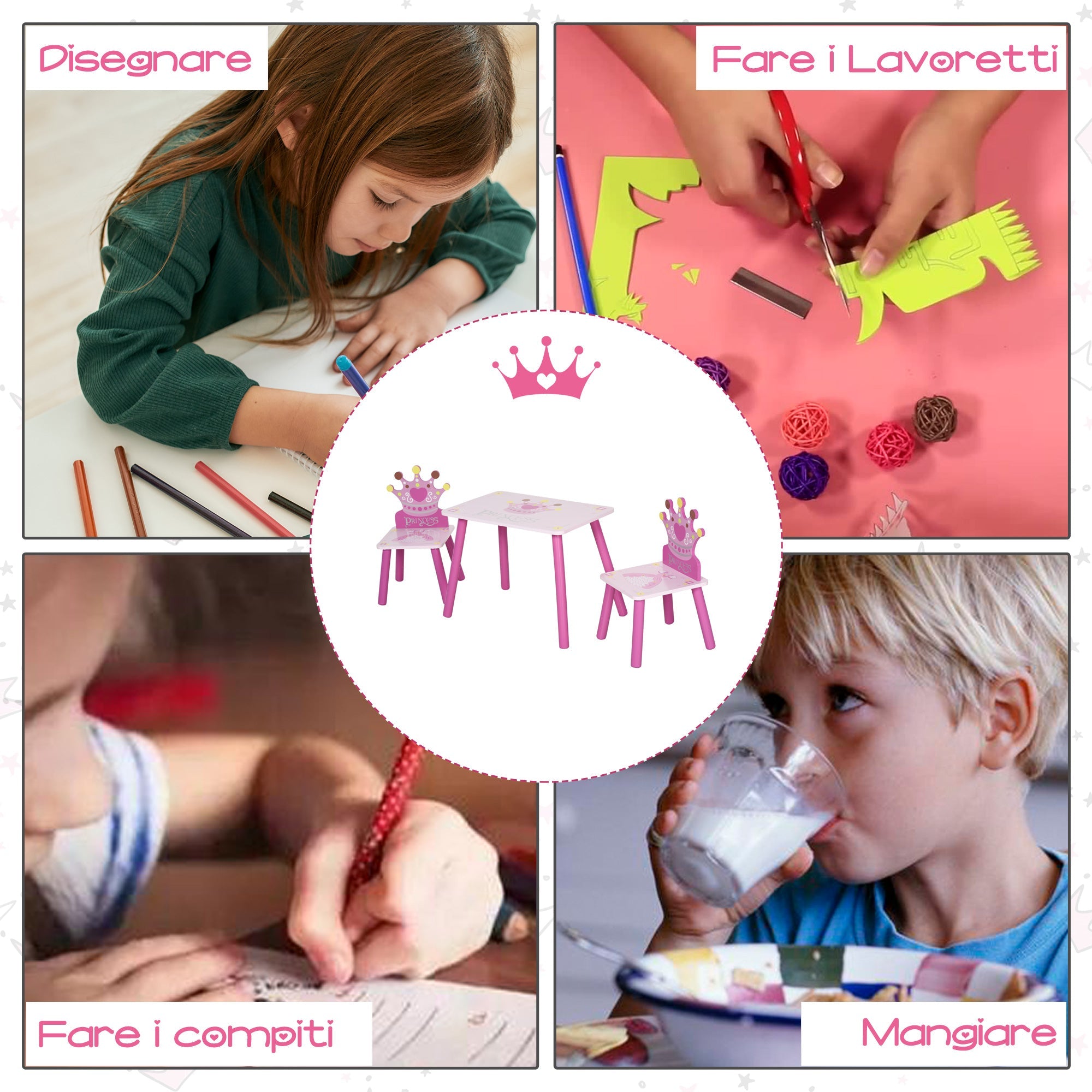 EasyComfort kinderset tafel en 2 stoelen met kroonrugleuning - roze