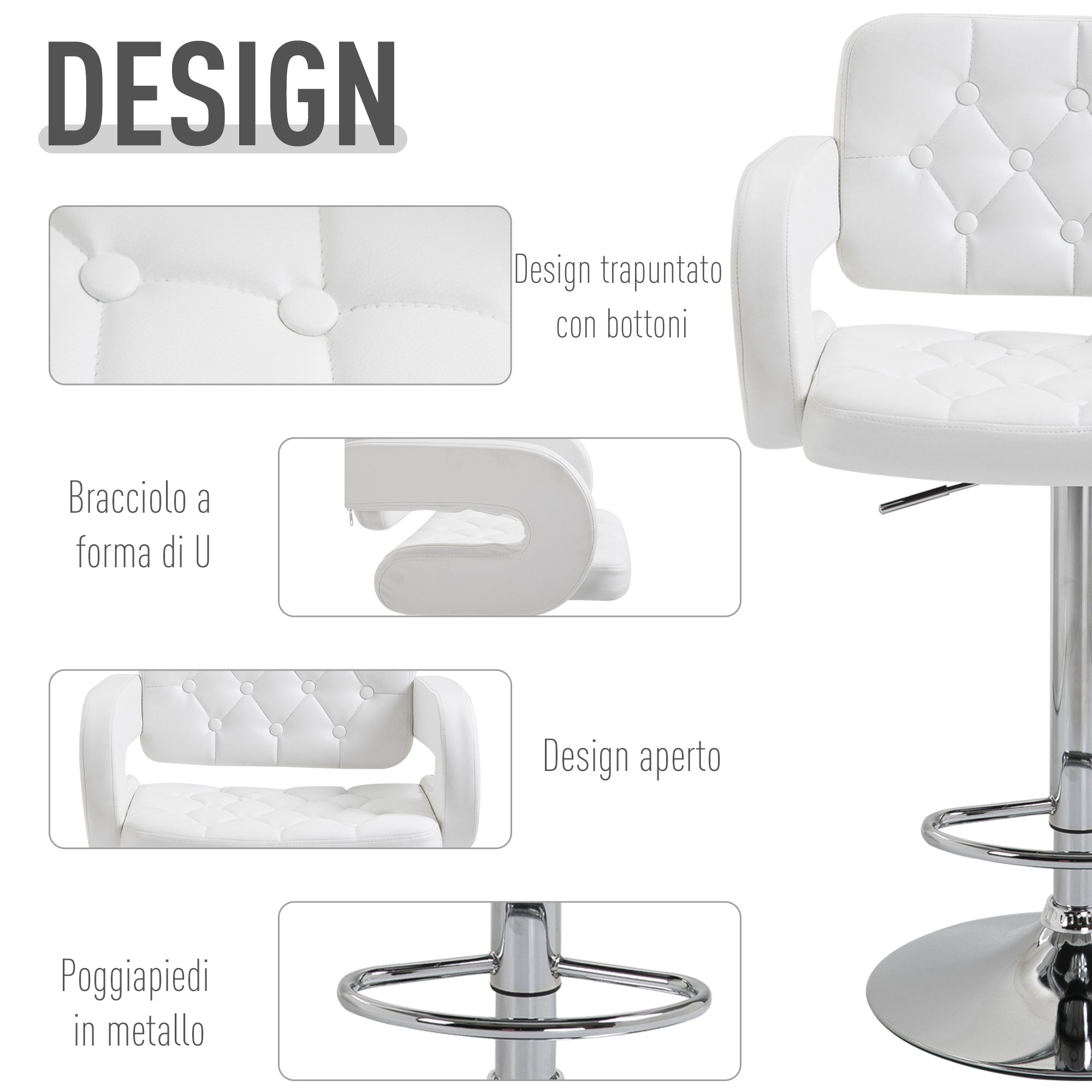 EasyComfort Sgabello Alto Moderno da Bar with Schienale e Braccioli, Regolabile e Girevole, per Cucina o Pub, 64x50x94-114cm, Bianca