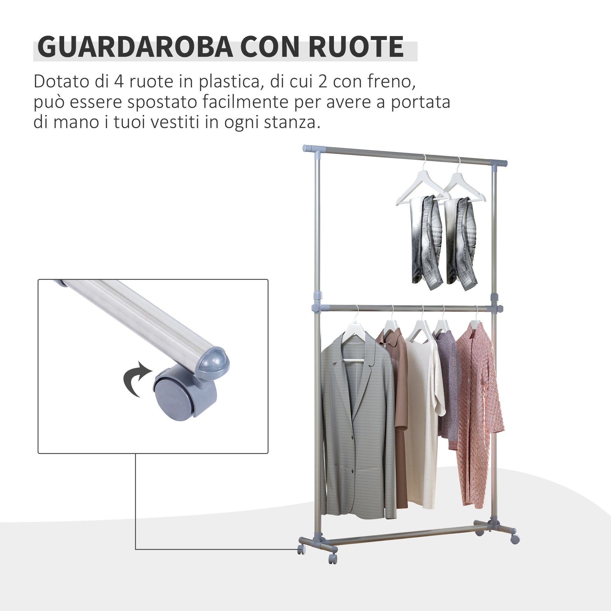 Easycomfort Stender Appendiabiti with Altezza ed Estensione Regolabili, 4 Ruote Girevoli, Acciaio Inox e ABS, 165x48x180cm