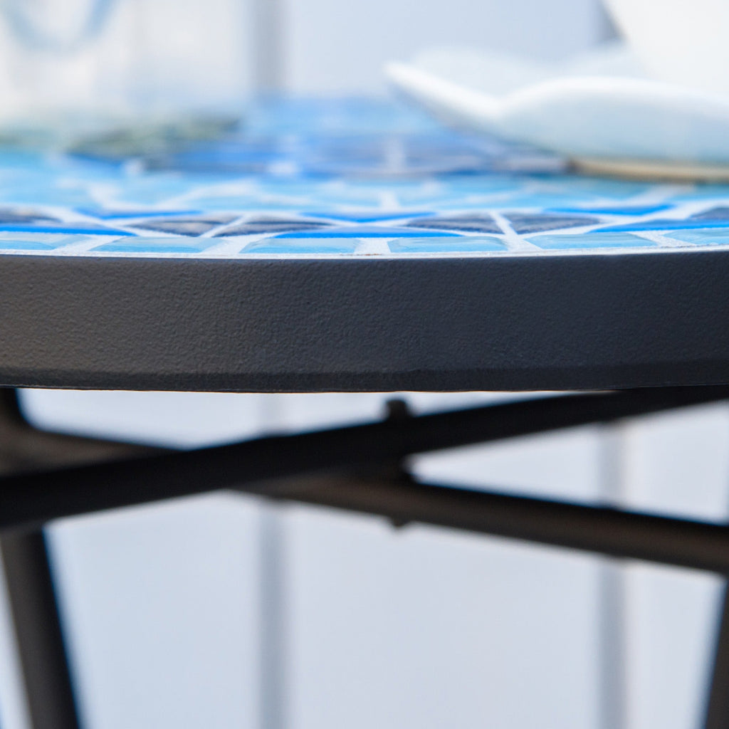 EASYCOMFORT Round Mosaic Garden Coffee Table in Metal with Ceramic Top, Ф35.5x53.5cm, Blue