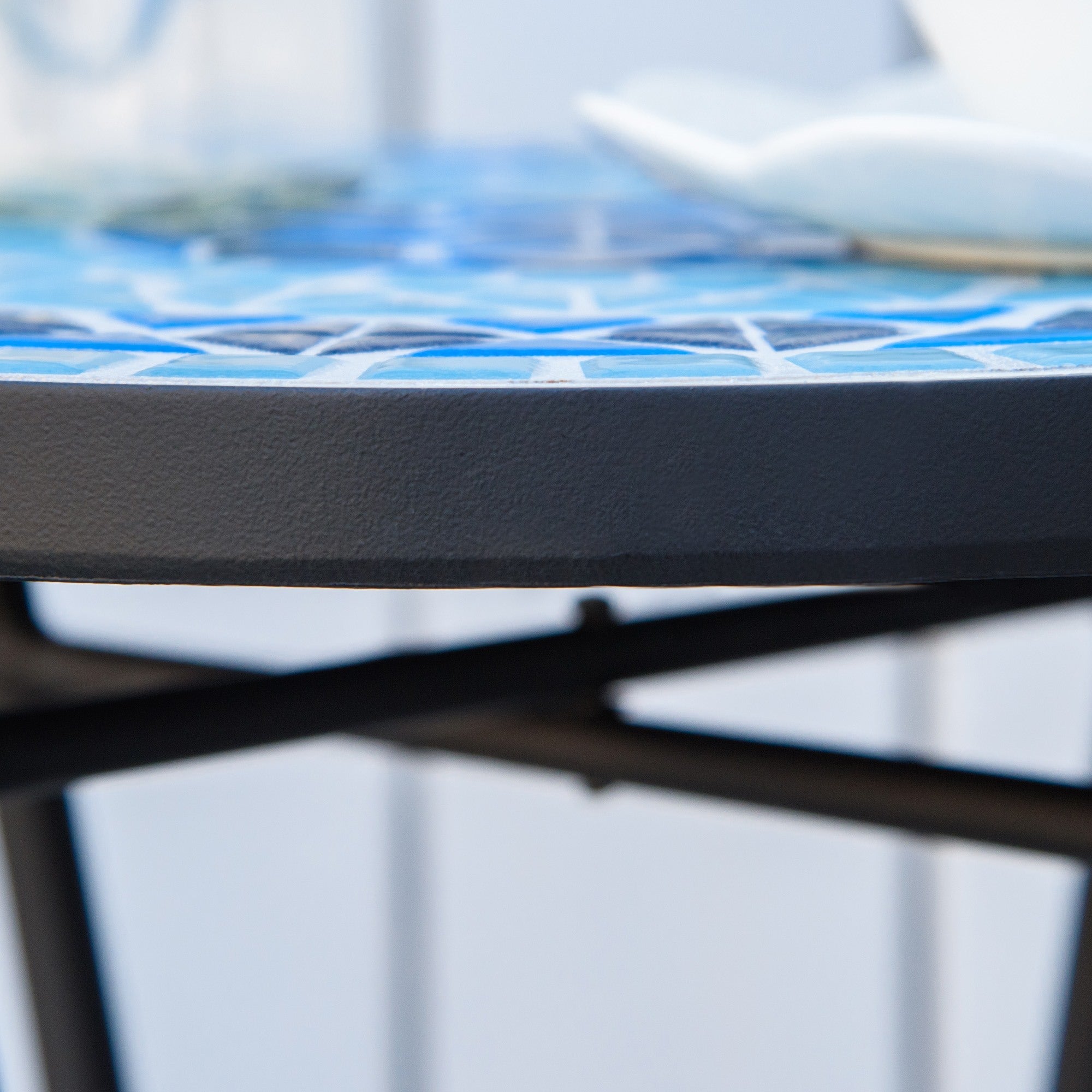 EASYCOMFORT Round Mosaic Garden Coffee Table in Metal with Ceramic Top, Ф35.5x53.5cm, Blue