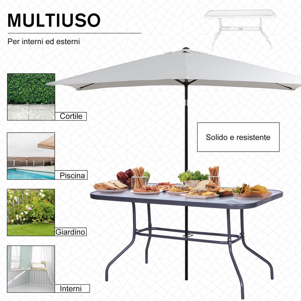 Easycomfort Tavolo da Giardino with Foro per Ombrellone, Arredamento da Esterno in Metallo e Vetro 140x80x70cm Grigio