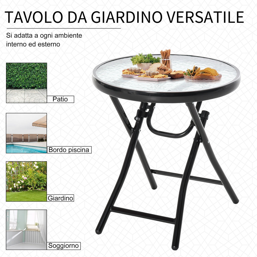 Easycomfort Tavolo da Giardino Pieghevole in Metallo, Tavolino da Giardino Piccolo with Ripiano in Vetro e Blocco di Sicurezza, Φ45x50cm black