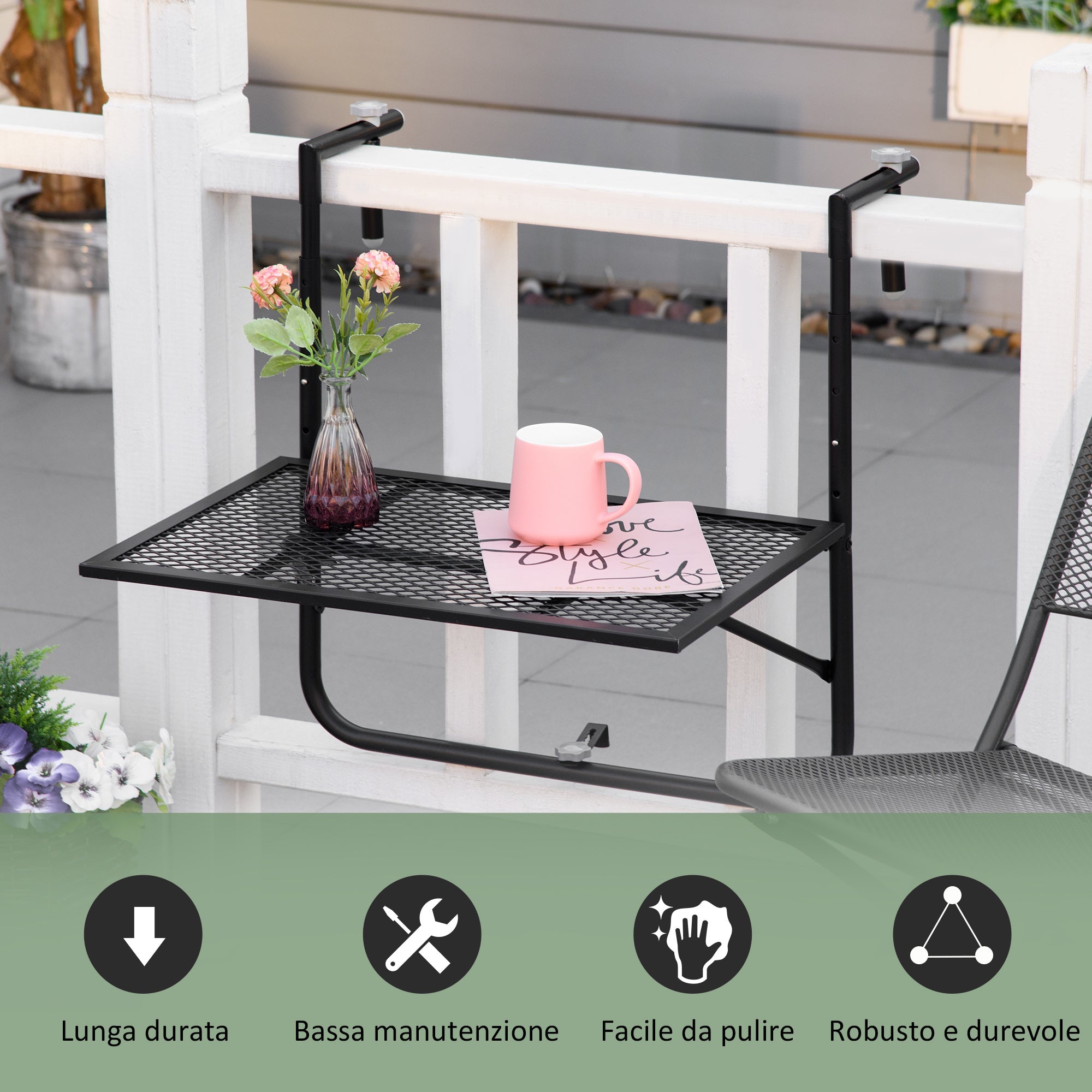 Easycomfort Tavolo da Ringhiera Pieghevole e Regolabile in Metallo, 60x60x57-72cm, black