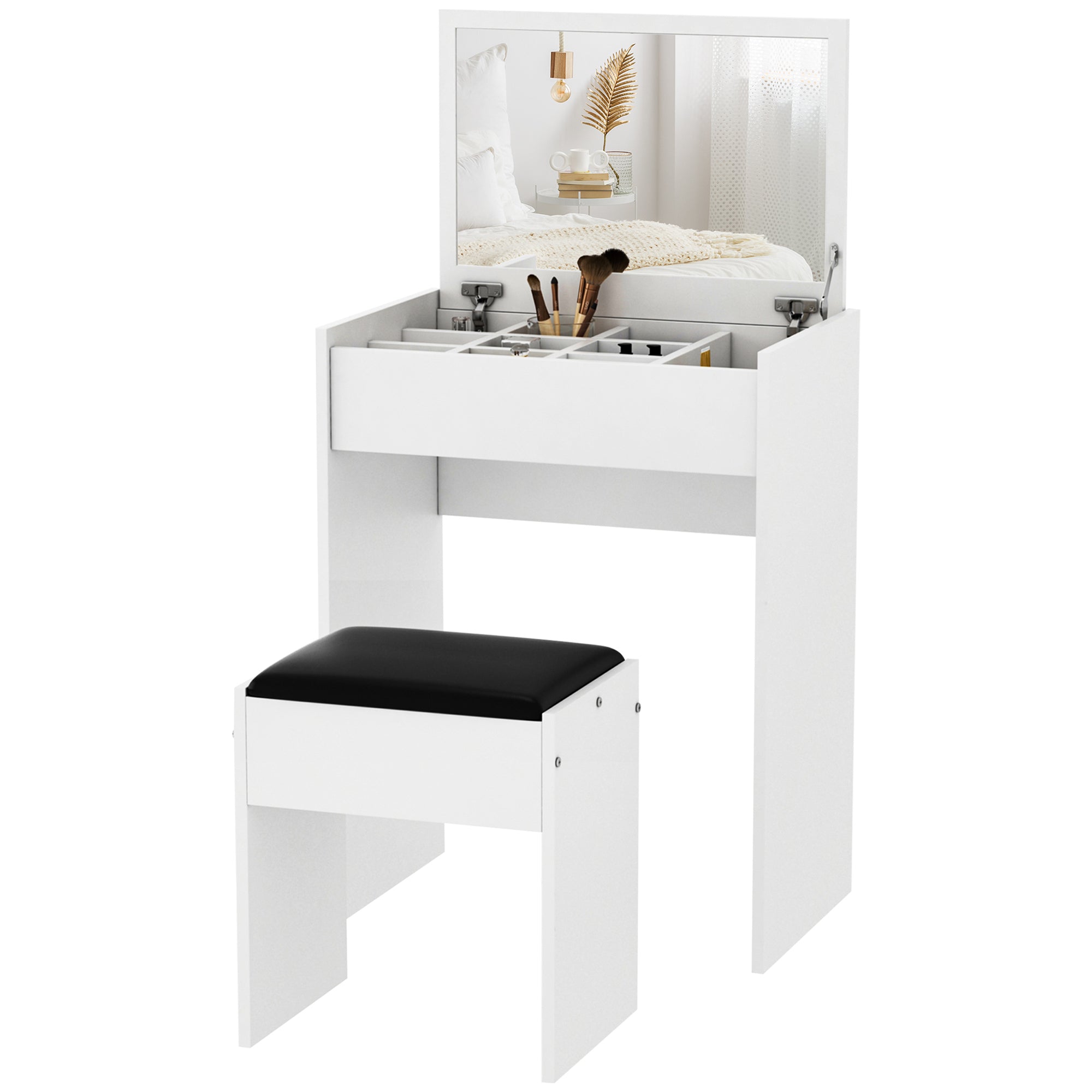 Easycomfort Tavolo da Trucco with Specchio Richiudibile, Tavolo da Trucco Moderno, with Sgabello, Vano Contenitore (10 Scomparti), MDF white, 60.2 x 40.2 x 79cm
