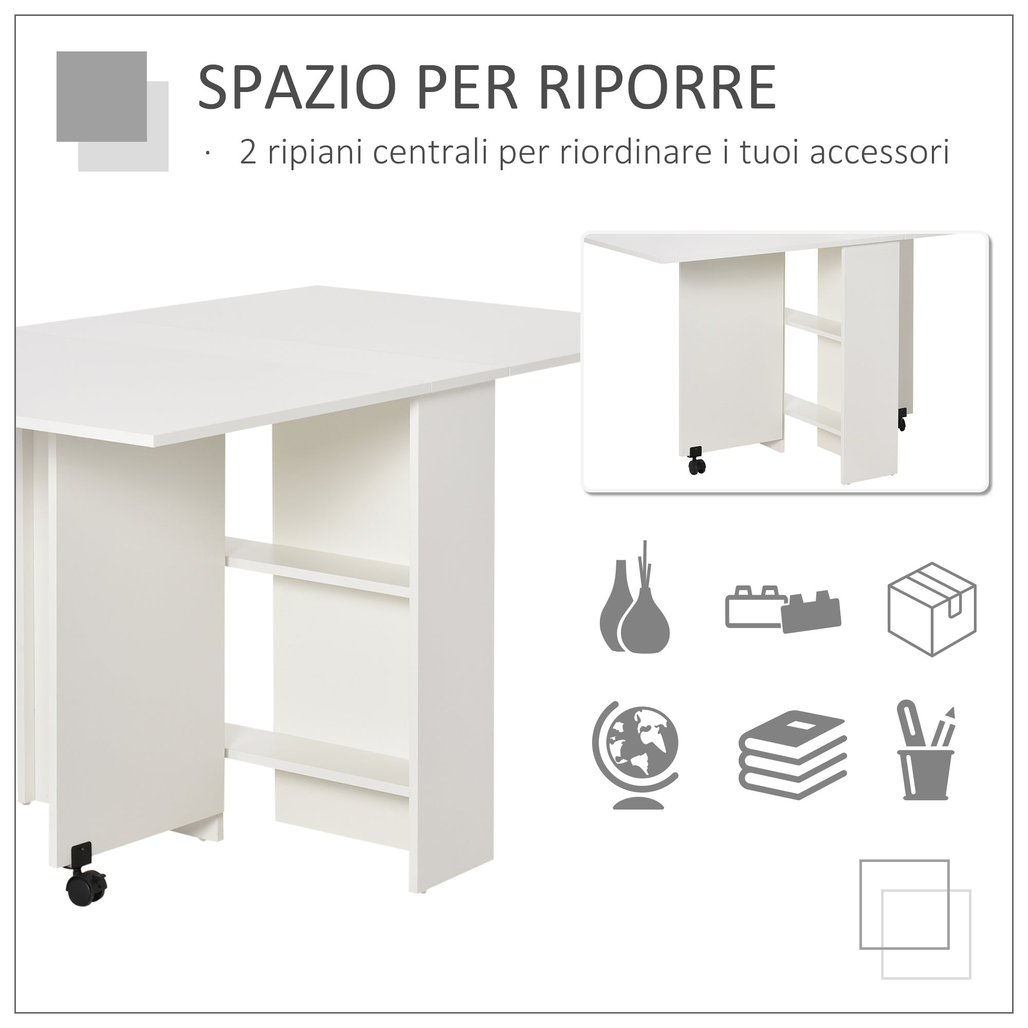 Easycomfort Tavolo Pieghevole Salvaspazio, 2 Ripiani Inferiori in Legno, Tavolo Richiudibile Salvaspazio, with Ruote per 6 Persone, 75P x 140l x 74H cm, white