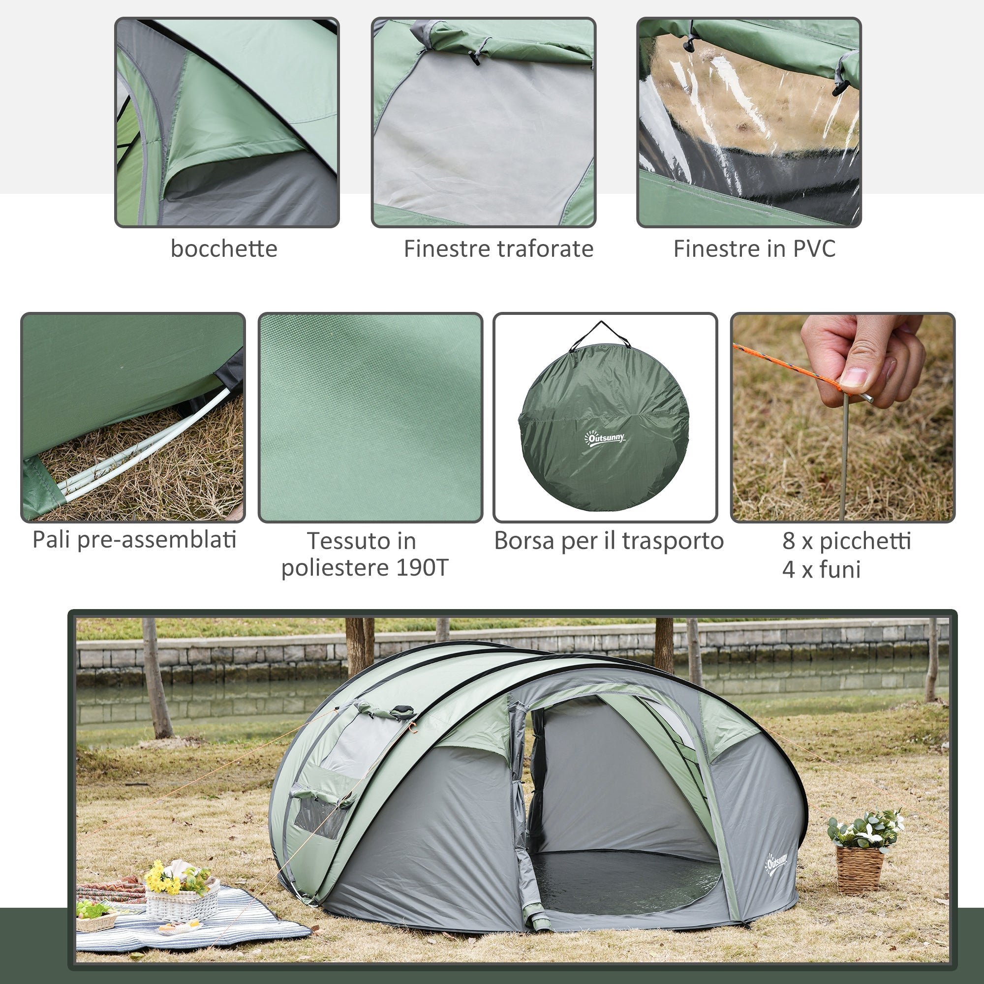 EASYCOMFORT Pop-up campingtent 4-5 personen, 2 deuren, donkergroen
