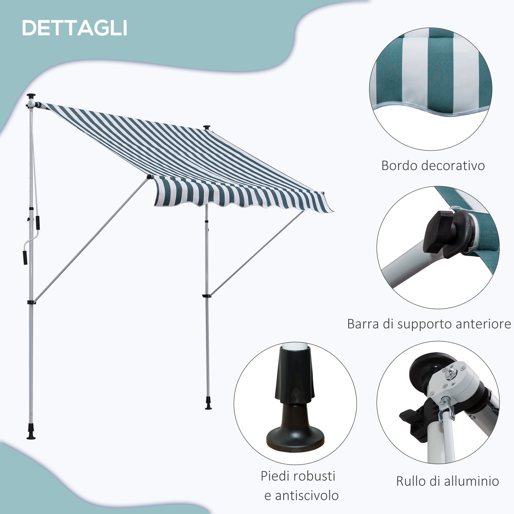 EASYCOMFORT Outdoor Roller Awning 2x1.5m with Crank, Adjustable Height and Angle, White and Green
