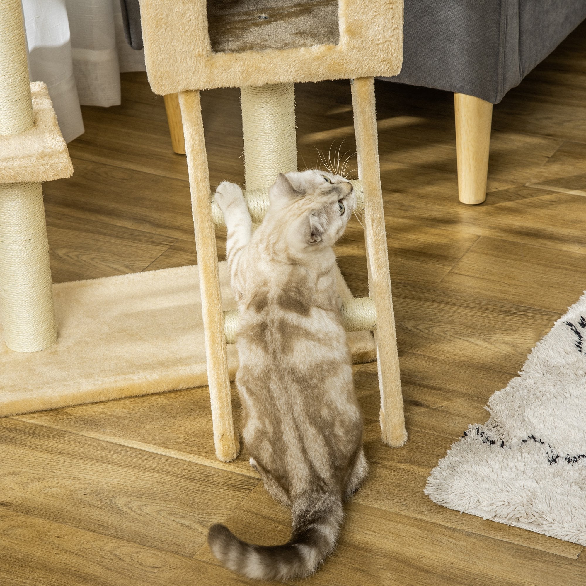 EASYCOMFORT Multilevel Cat Scratching Post with Hammock and House, Natural Sisal Ropes, 55×30×100cm